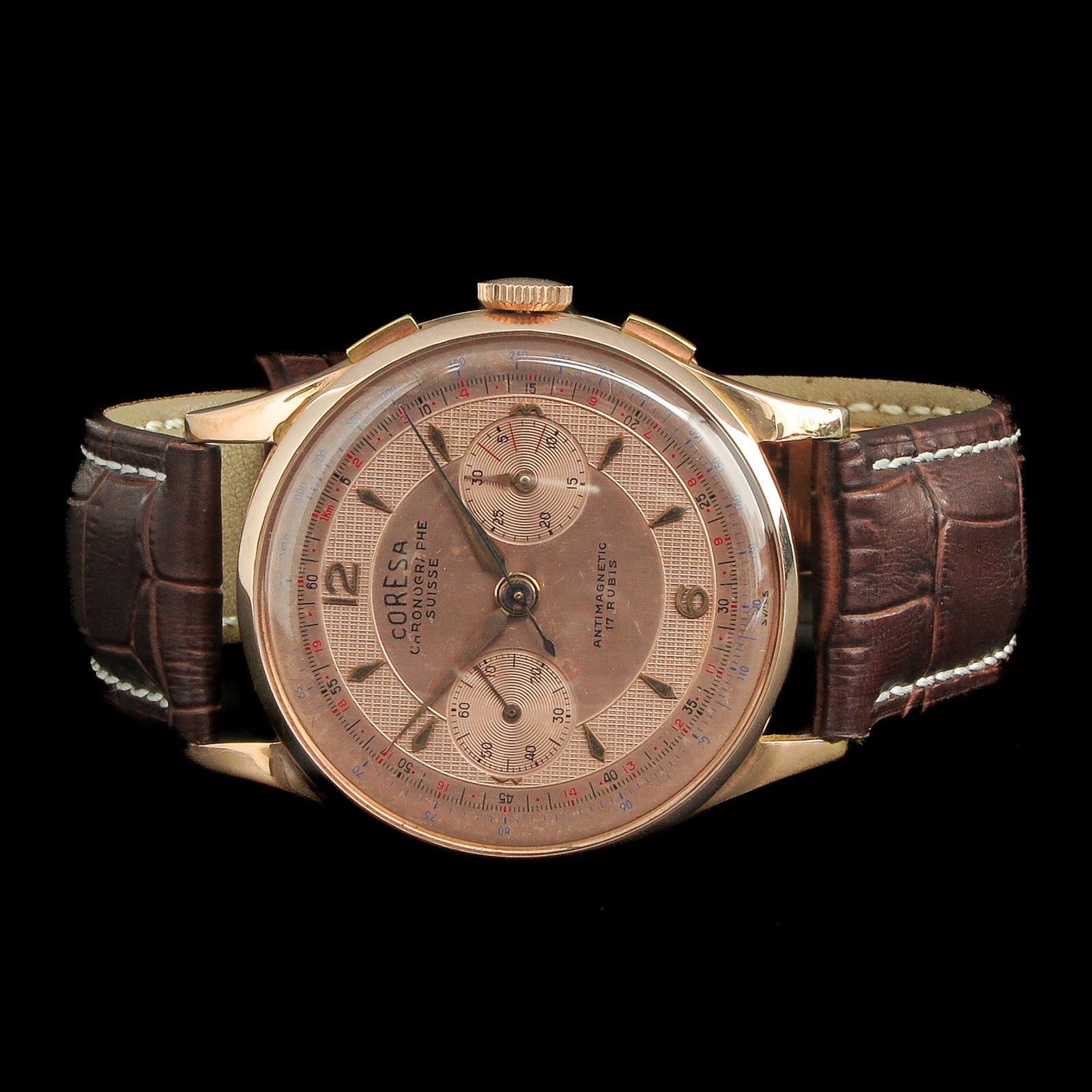 A Men's Watch: brand Coresa, Chronograph, 18 carat rose gold, 1950s, on leather strap, case diameter 38 mm.,