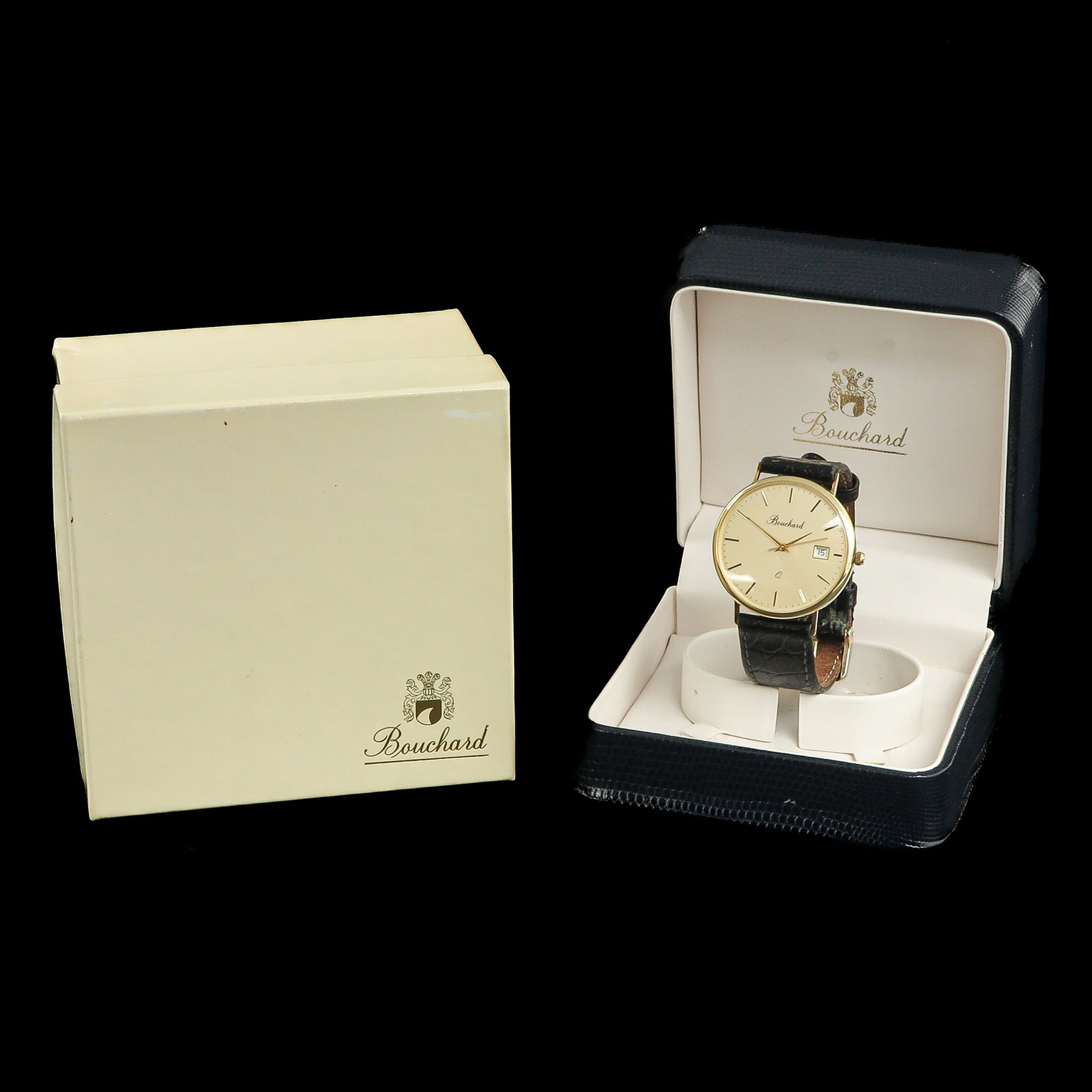 A Men's Watch: brand Bouchard, 14 carat gold case, on leather strap, 1990 - 1999, case diameter 33 mm.