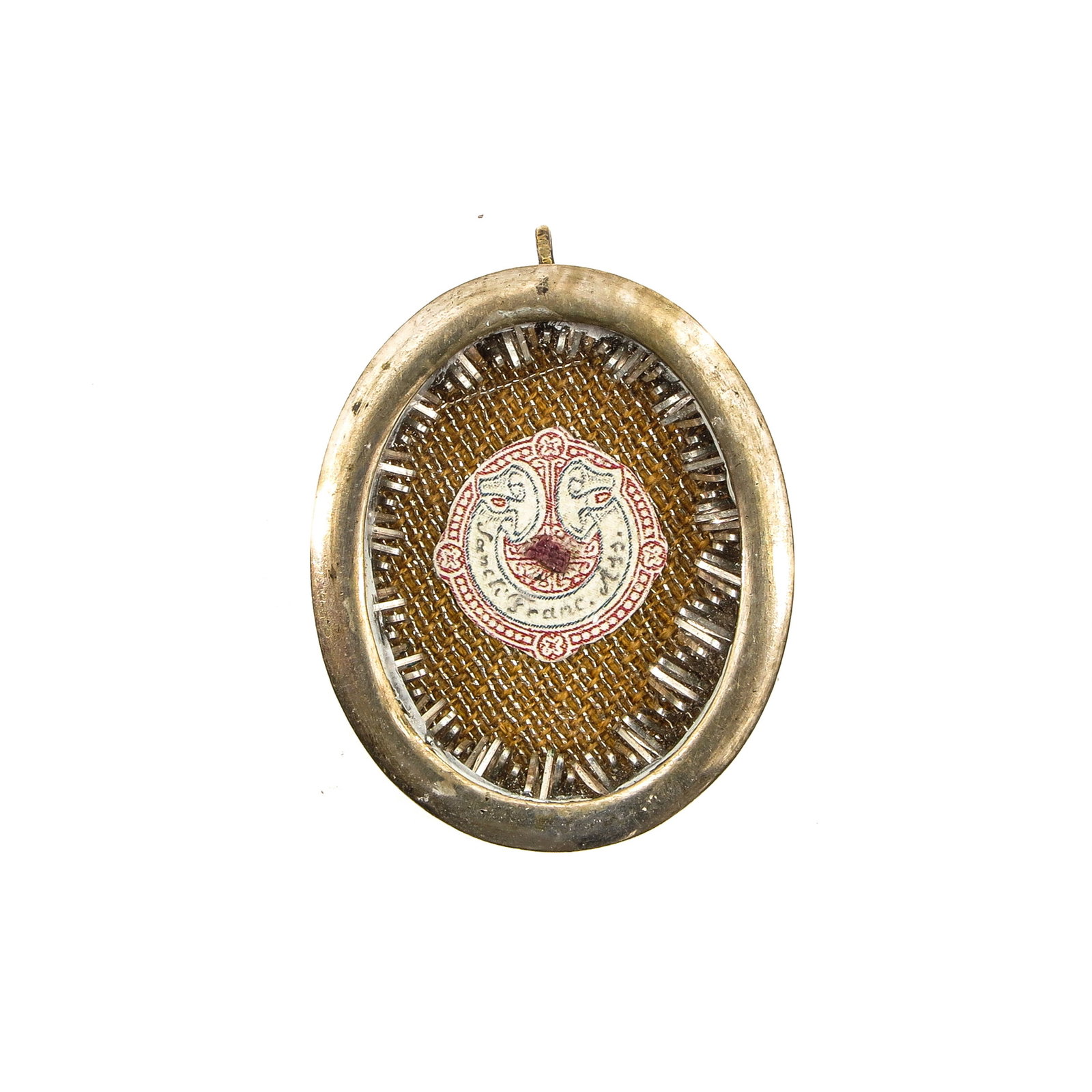A Reliquary: containing relic of Saint Francis Ass., diameter 4 cm., with certificate
