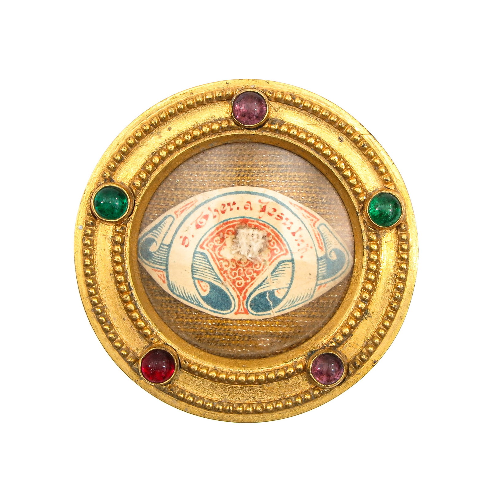A Reliquary: containing relic of Saint Theresia, set with colored stones, diameter 5 cm.