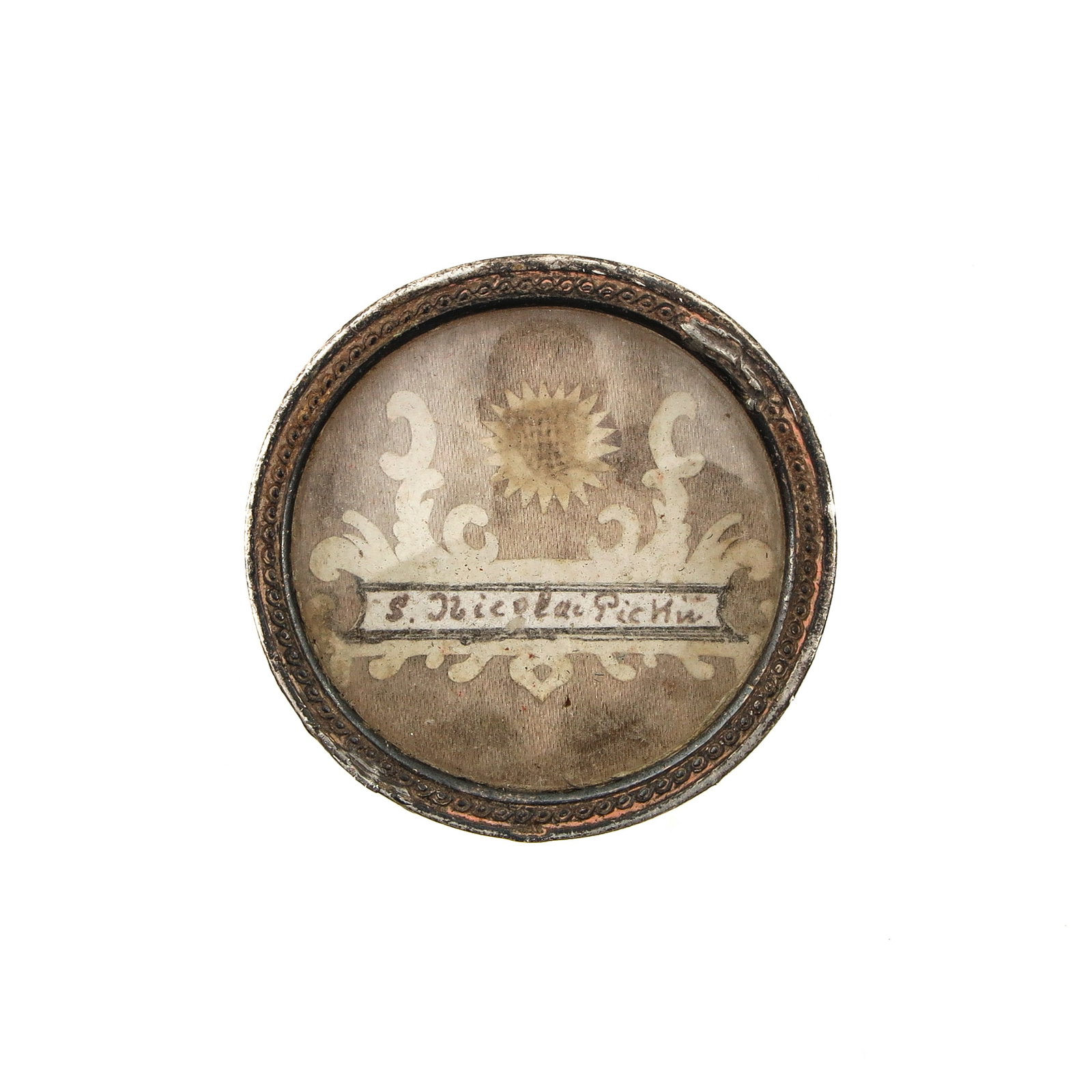 A Reliquary: containing relic of Saint Nicolai, diameter 4 cm., with certificate