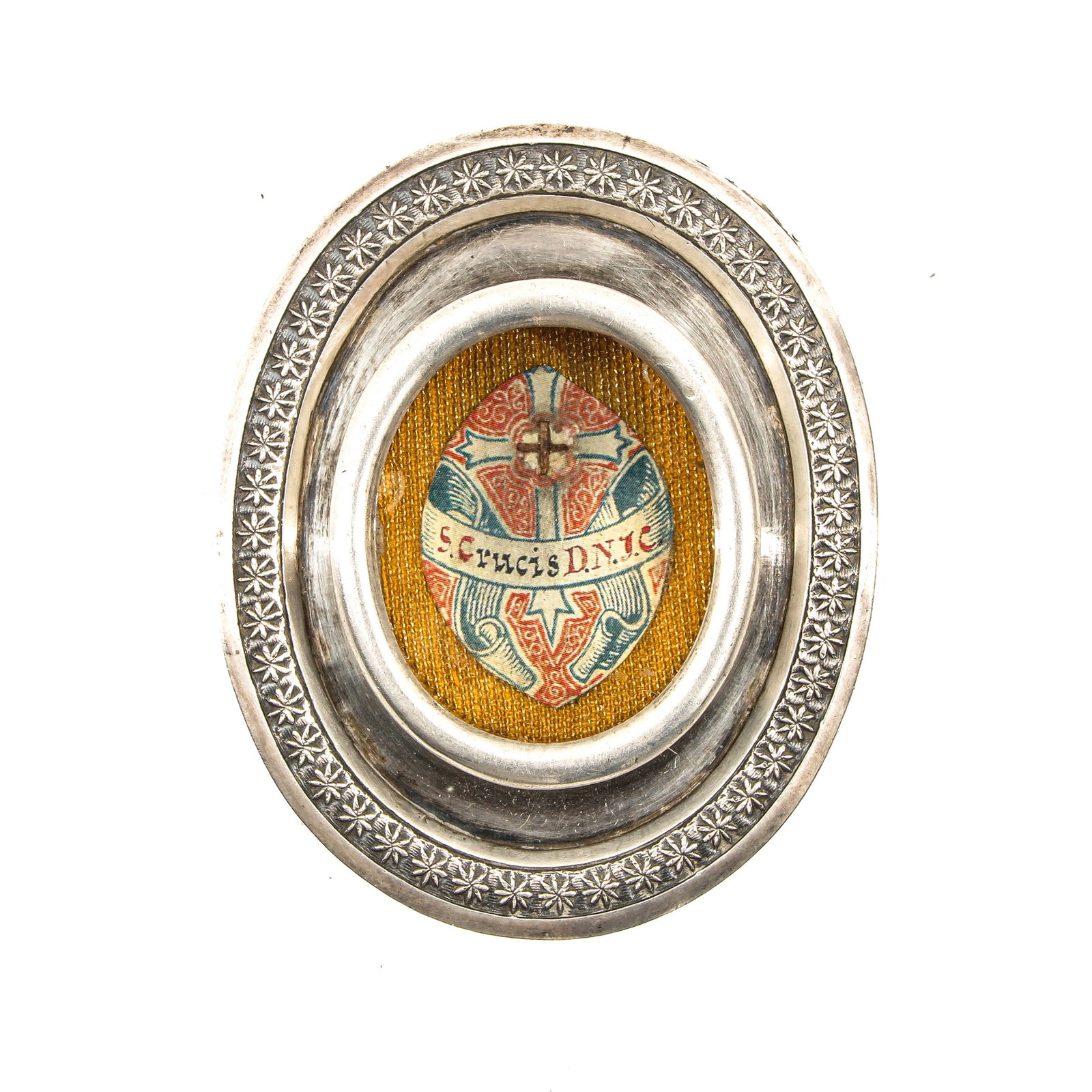 A Reliquary: silver, containing relic of the Holy Cross, length 7 cm.
