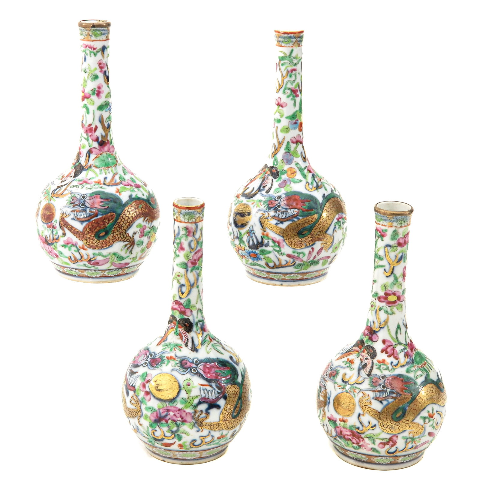 A Series of 4 Cantonese Vases: Decorated with dragons and flowers, 18 cm. tall.