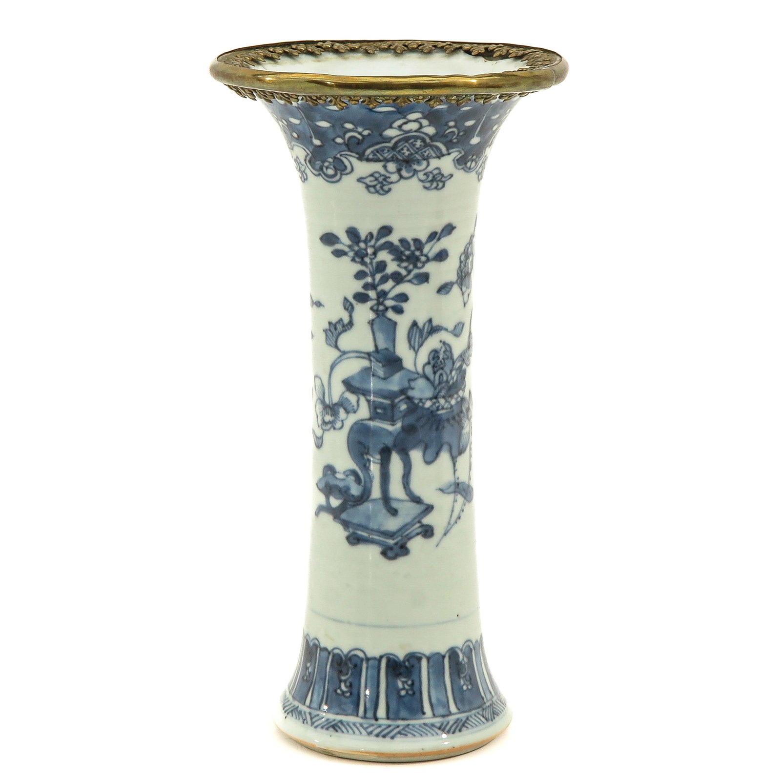 A Blue and White Garniture Vase: With bronze trim on top rim of vase, floral decor, 22 cm. tall, hairline.