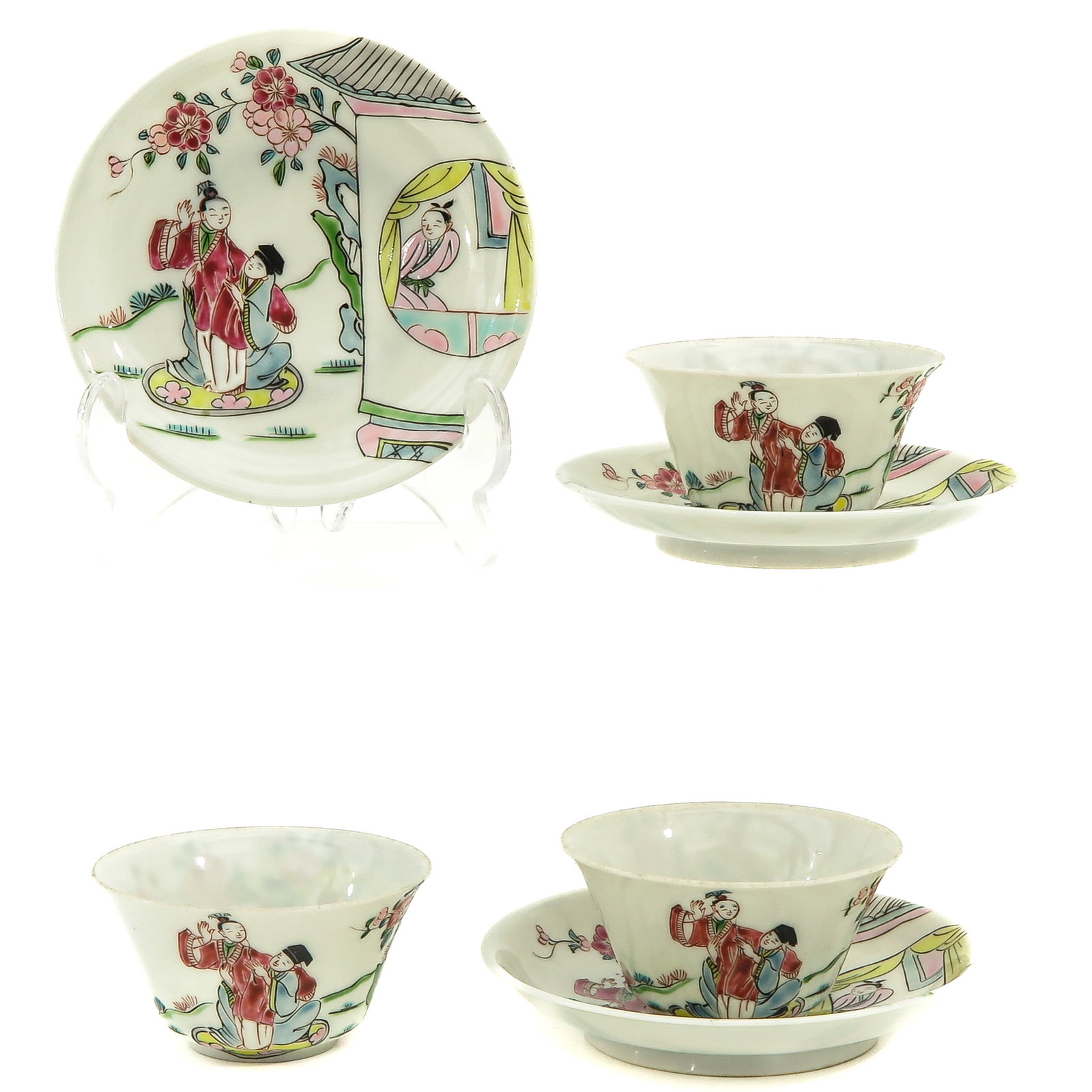 A Set of 3 Famille Rose Cups and Saucers: Decorated with Chinese figures, saucers are 11 cm. in diameter, in diverse conditions.