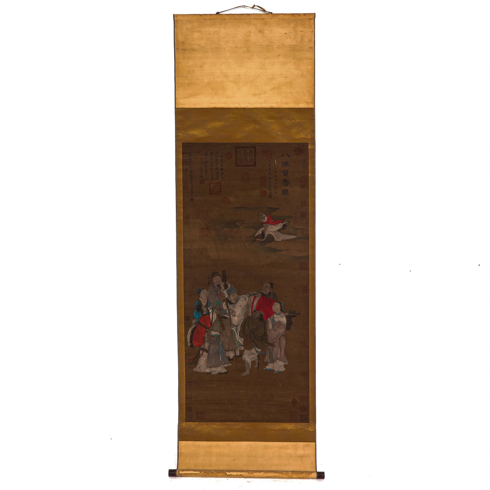 A Chinese Scroll: Depicting Chinese Immortal Laozi riding crane, on silk, 182 cm. long.