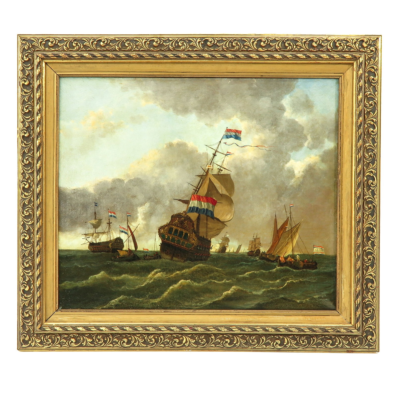 A Dutch Oil on Canvas Painting: oil on canvas, depicting Dutch ships, signed, 60 x 50 cm.