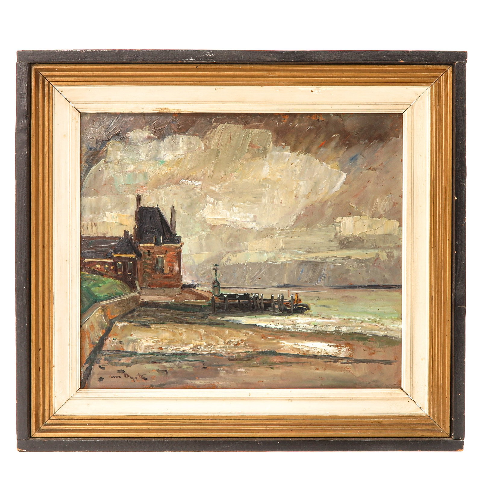 An Oil on Board Painting: oil on board, depicting harbour of Veere, unclearly signed, 35 x 30 cm.
