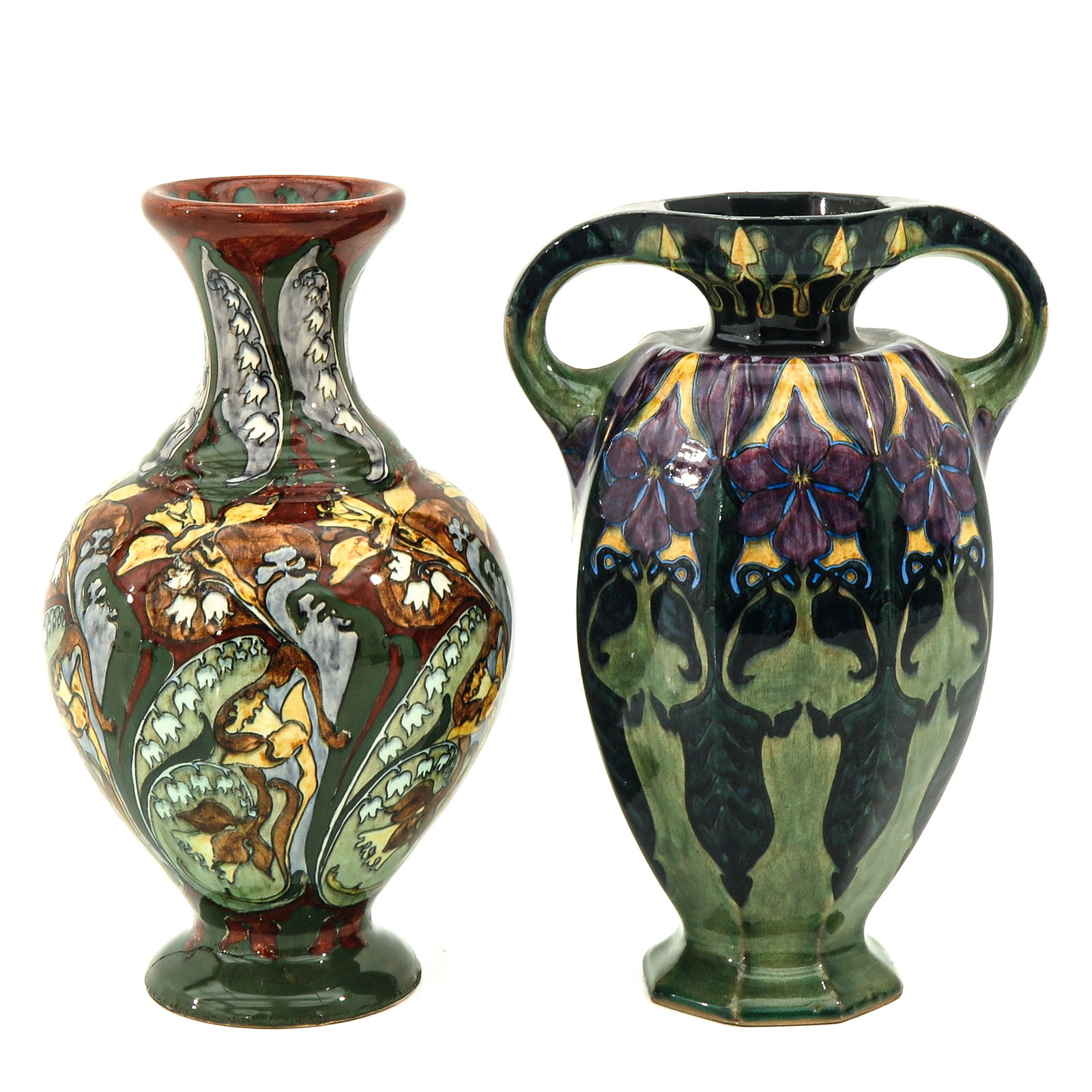 A Group of 2 Rozenburg Vases: consisting of 2 vases, ca. 1900, marked Rozenburg The Hague, including J. Francken, height 29 cm., with restorations