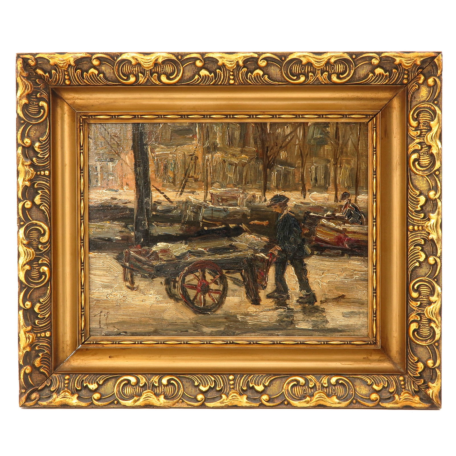 An Oil on Panel Painting: oil on panel, t.a. Isaac Israëls, depicting man with handcart, 30 x 24 cm.