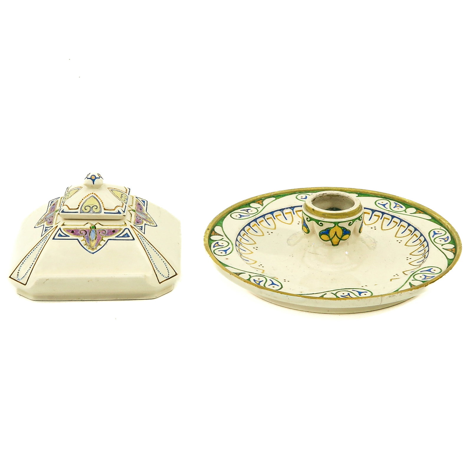 An Assortment of Rozenburg: Rozenburg The Hague, ca. 1900, consisting of lidded box and a candle holder, diameter 19 cm., with restorations