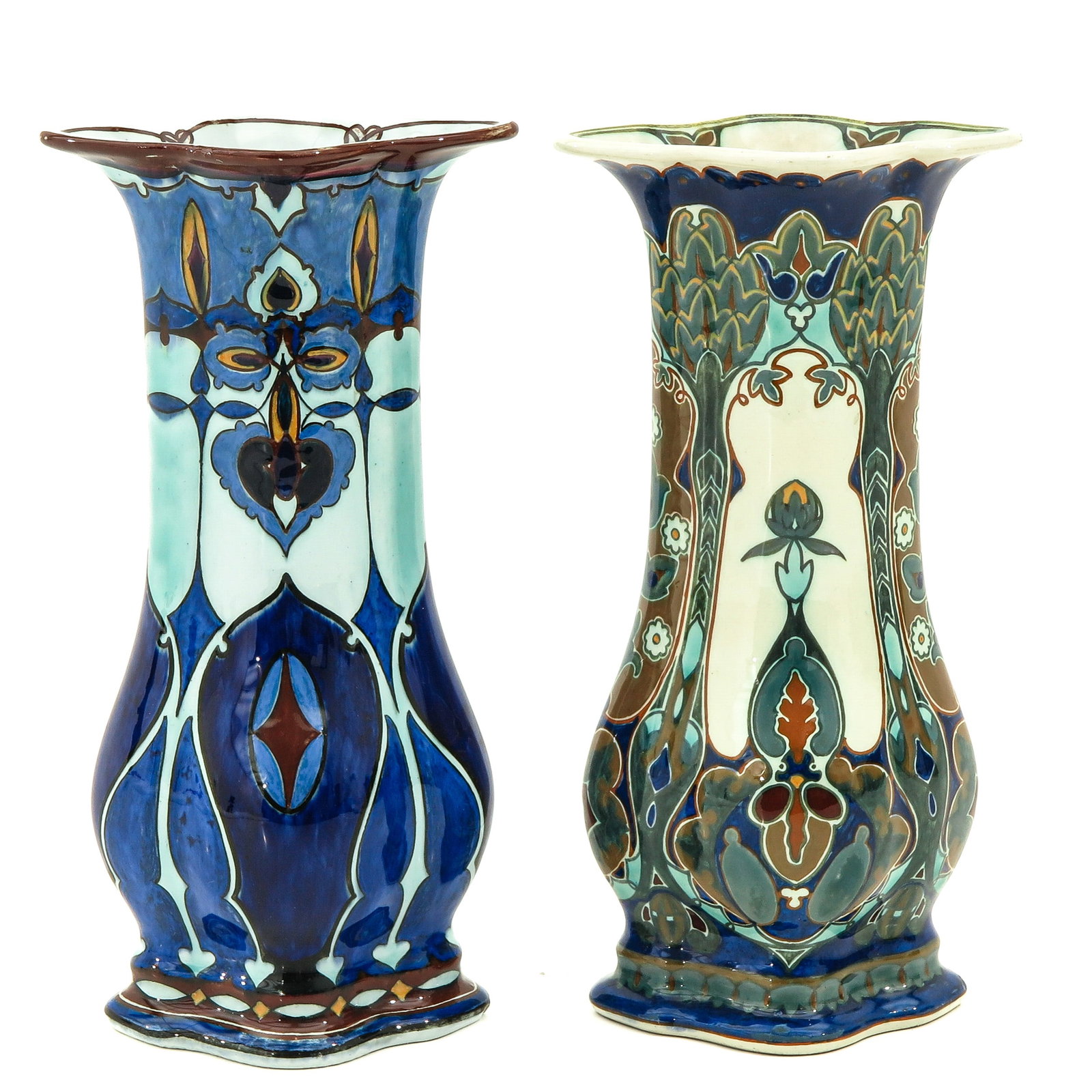 A Pair of Rozenburg Vases: vases, marked Rozenburg Den Haag, including S. Schellink ( 1910 - 1914 ), height 25 cm., with restorations