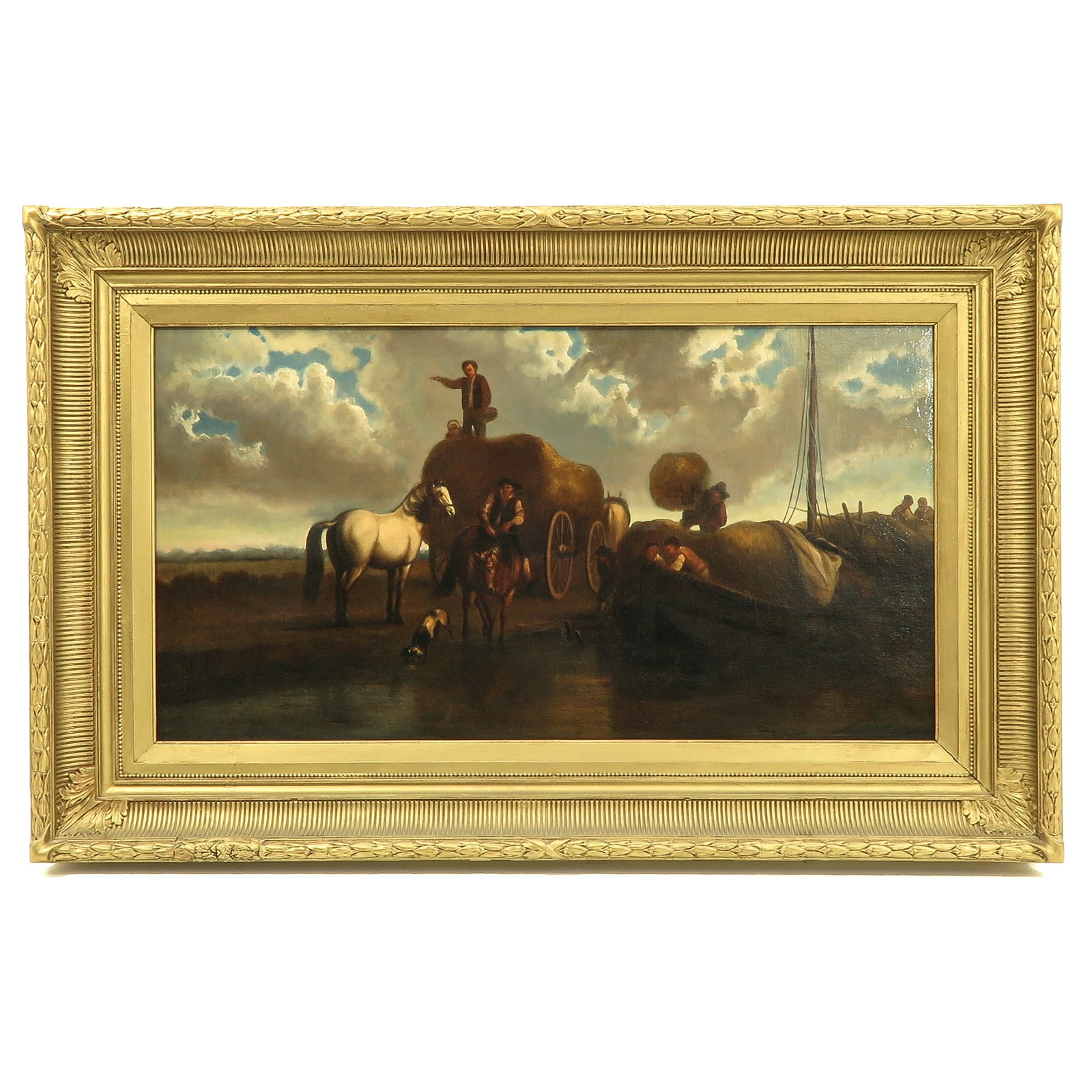 An Oil on Canvas Painting: oil on canvas, depicting farmers in a meadow with animals, 82 x 52 cm.