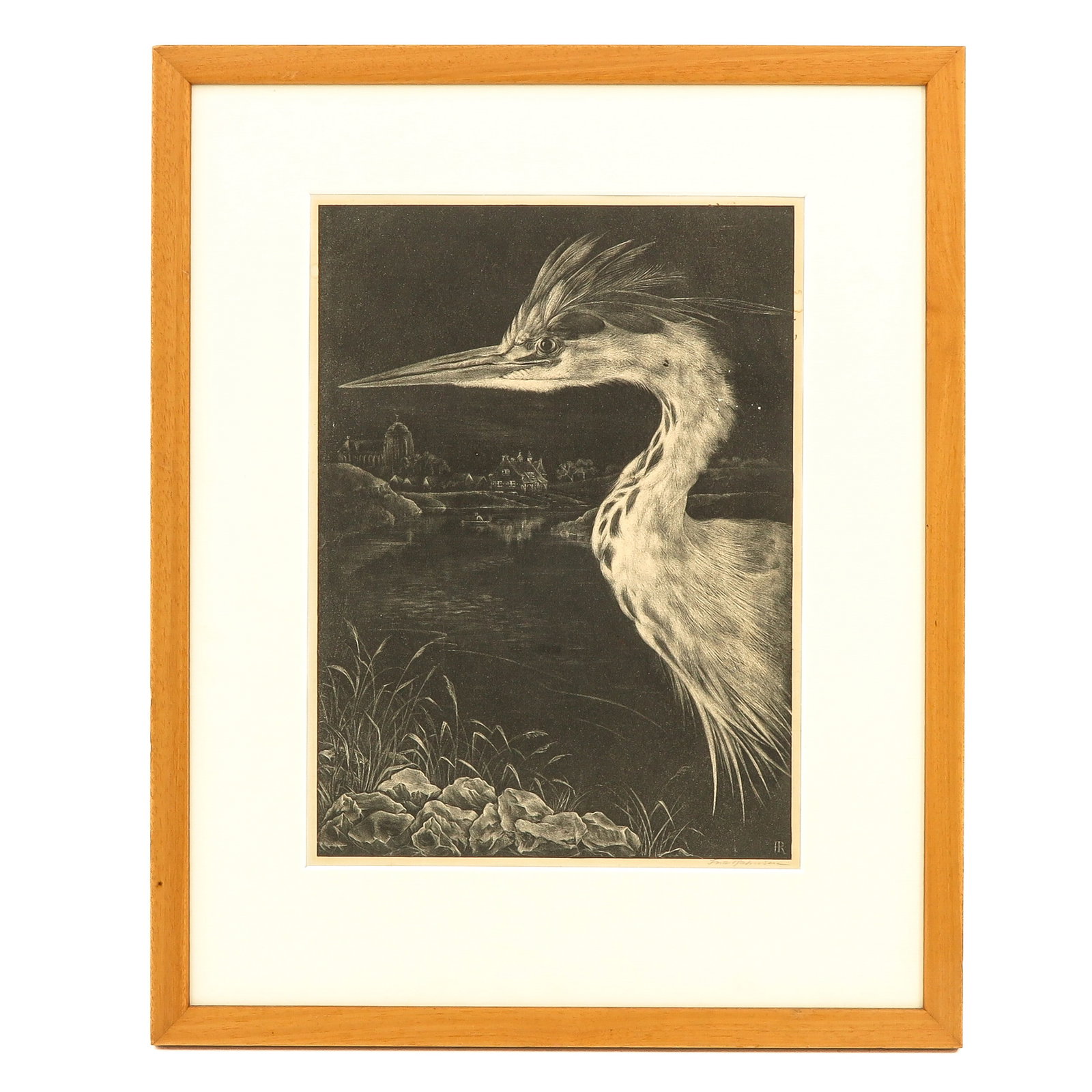 A Signed Etching: signed Ina Raadhuizen, depicting the heron, 26 x 35 cm.