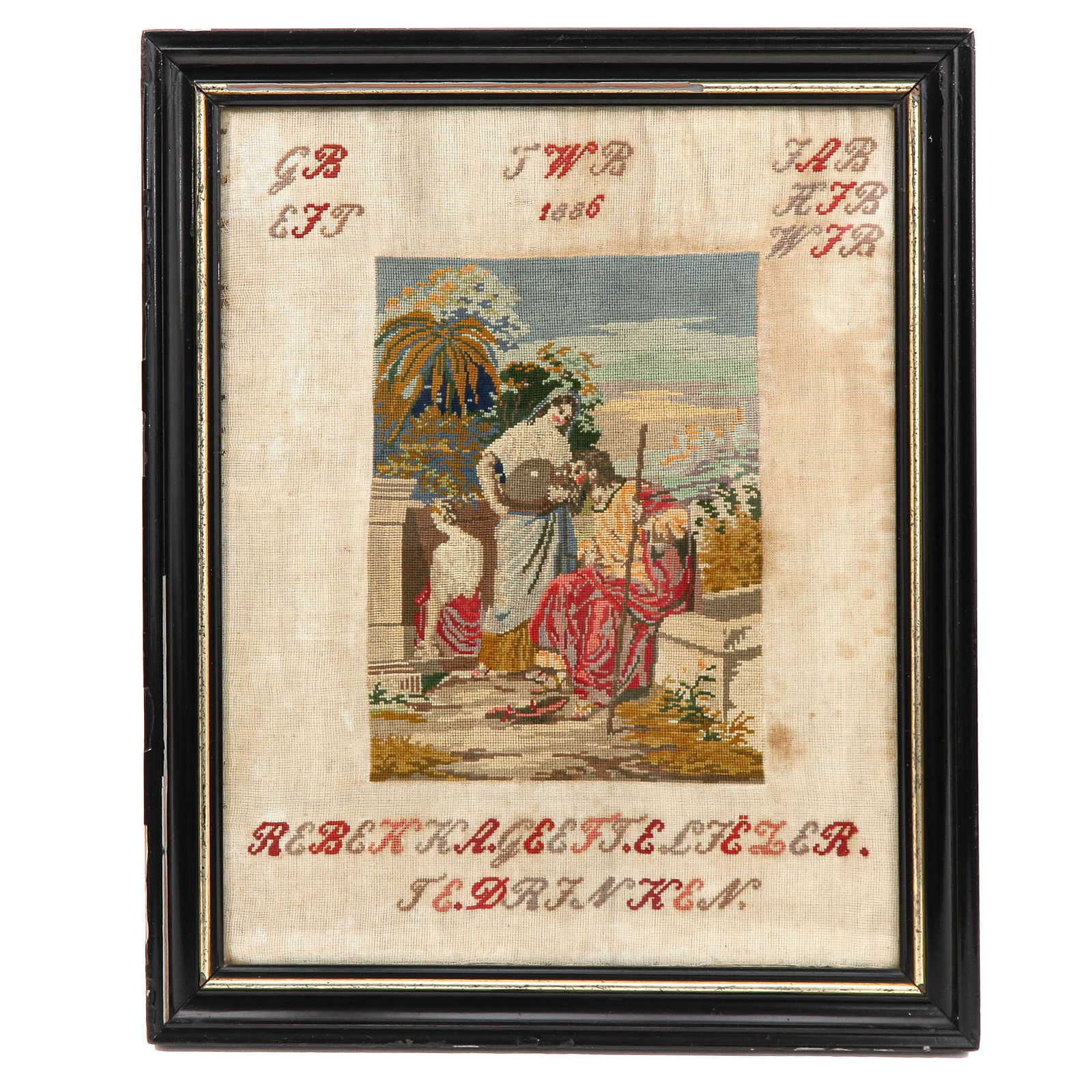 An Antique Sampler: with religious scenes, in black frame, signed J.W.B., 1886, 65 x 80 cm.