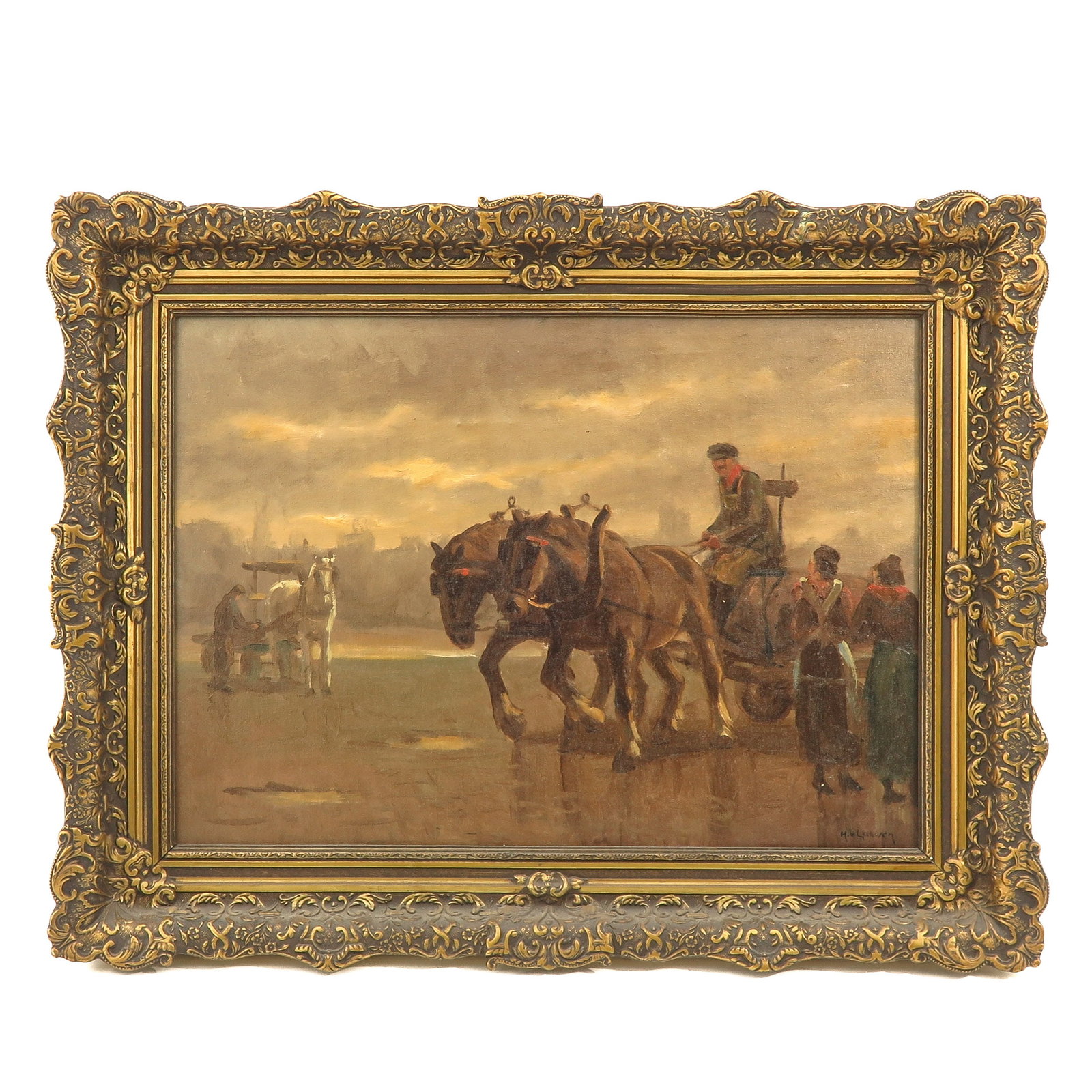 An Oil on Canvas Painting: oil on canvas, depicting draft horses, signed H.V. Leeuwen, 72 x 51 cm.