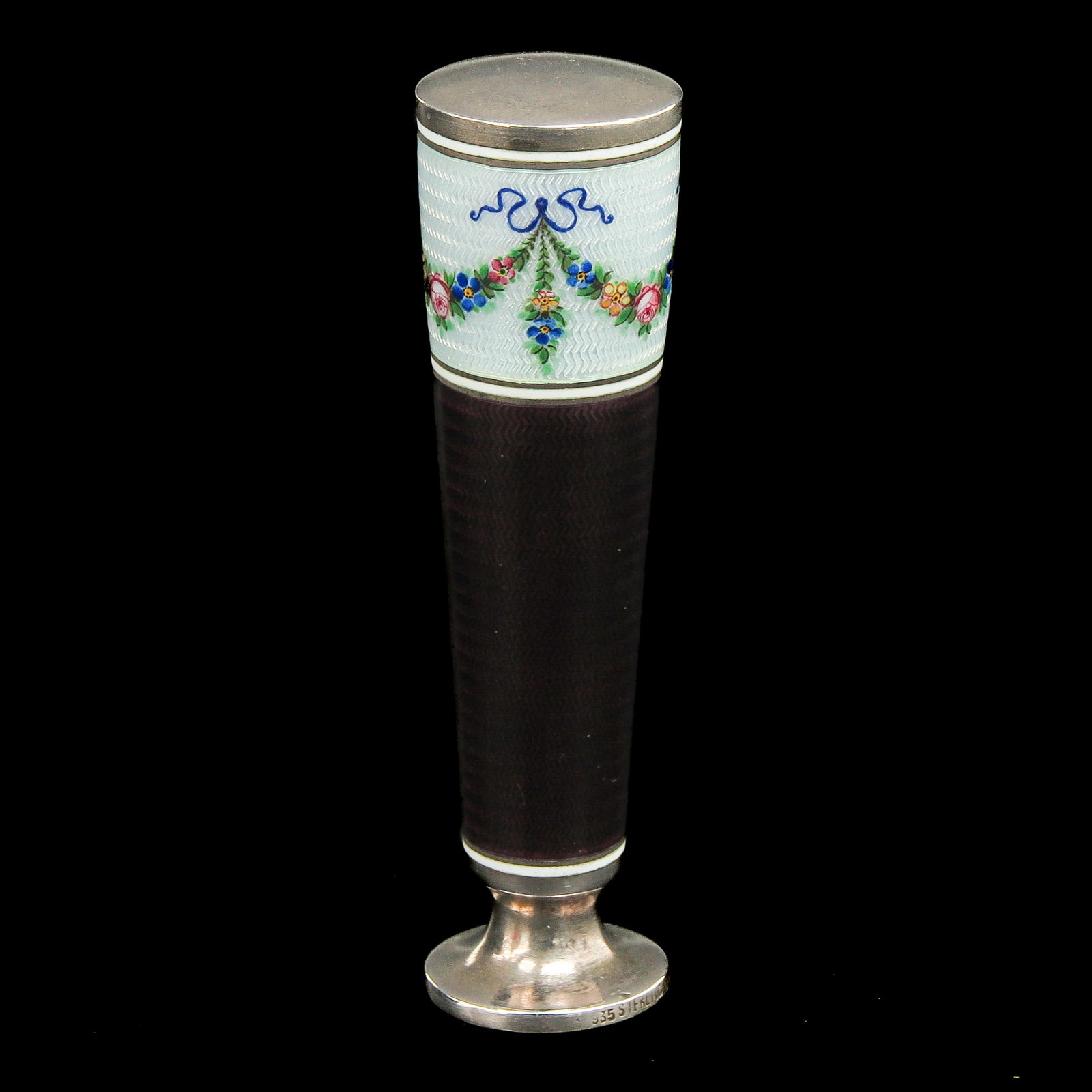A Guilloché Enamel Wax Seal Stamp: silver with brown and light blue Guilloché enamelling with flowers, early 20th century, height 76 mm.