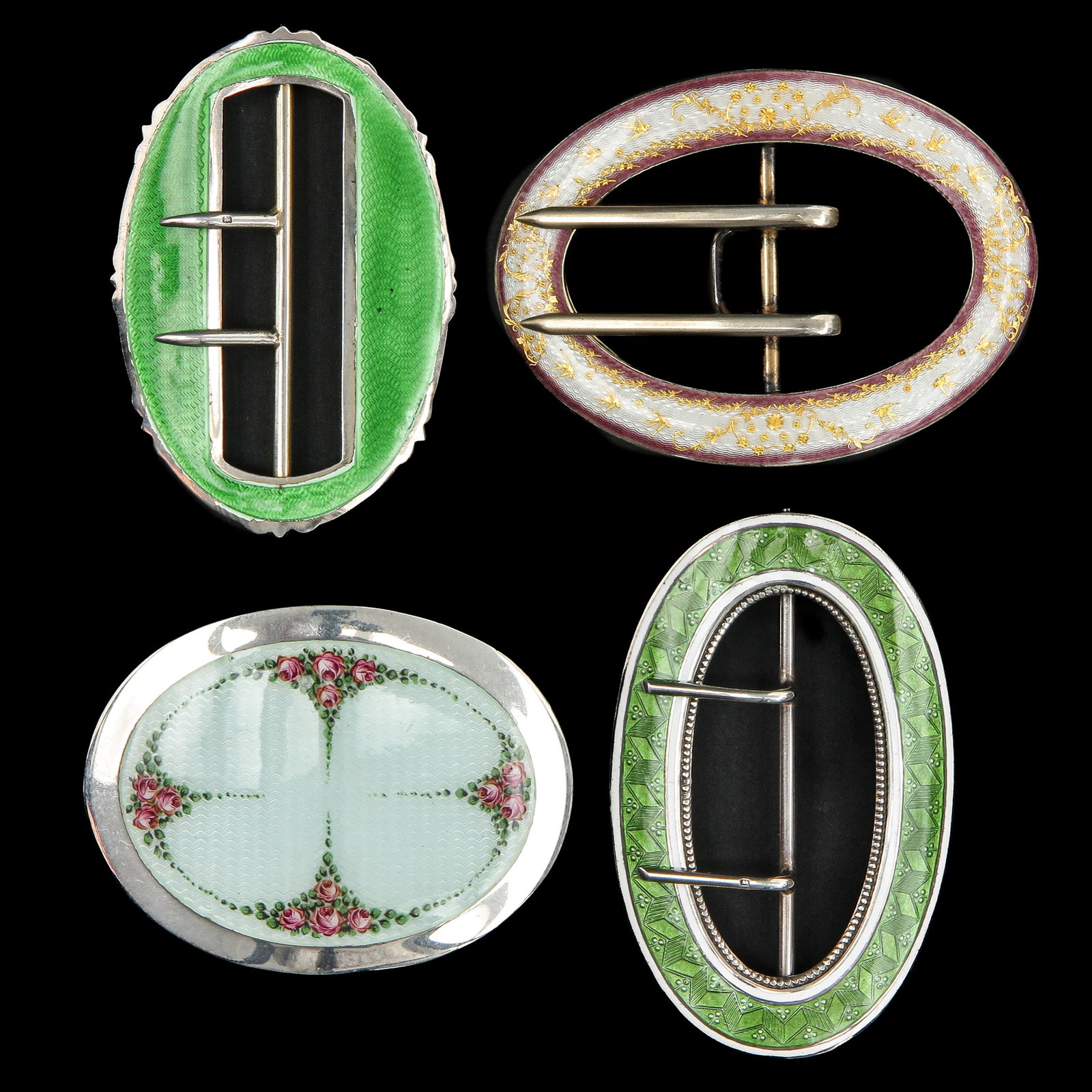An Assortment of Silver Guilloché Buckles: consisting of 4 silver Guilloché enamelling buckles, including Germany, Birmingham, and United States of America, longest 74 mm.