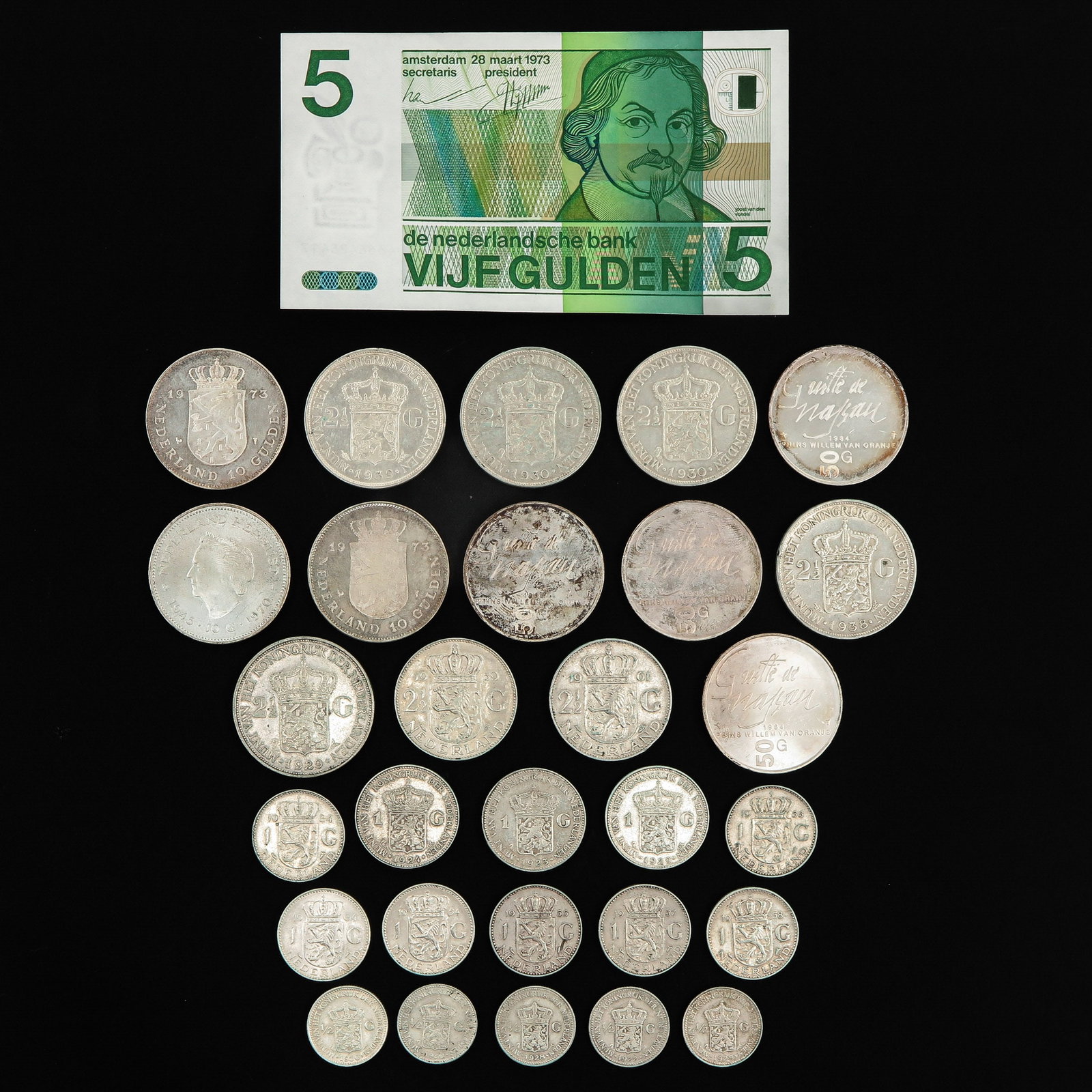 A Group of Coins and Banknotes: consisting of silver coins and five guilder banknotes