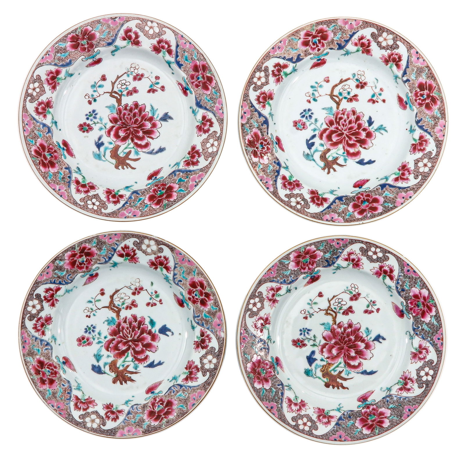 A Series of 4 Famille Rose Plates: Decorated with Peony and other foliage, back side of plate depicting with sacred fungus sprays, 18th Century, 23 cm. in diameter, chip.