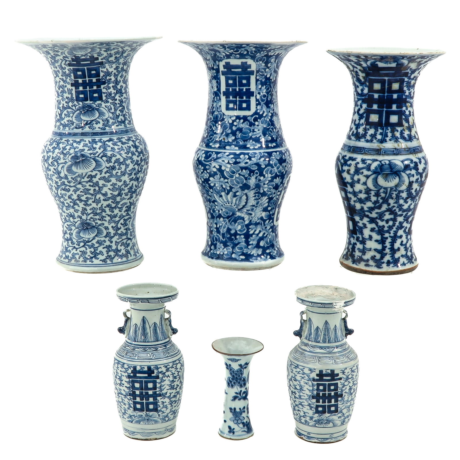 A Collection of 6 Blue and White Vases: 18th / 19th Century, tallest vase is 40 cm., in diverse conditions.