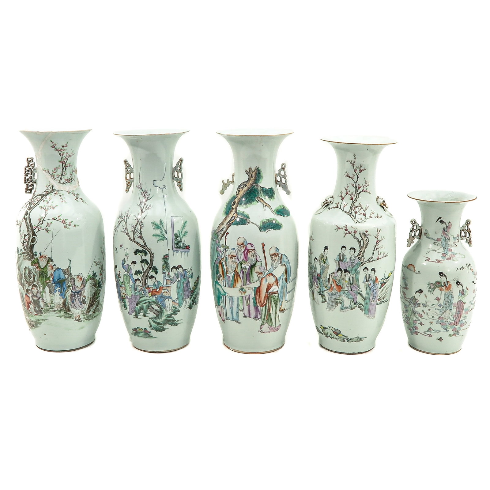 A Collection of 5 Qianjiang Cai Vases: In a variety of decors, 19th Century, tallest vase is 60 cm. in diverse conditions.