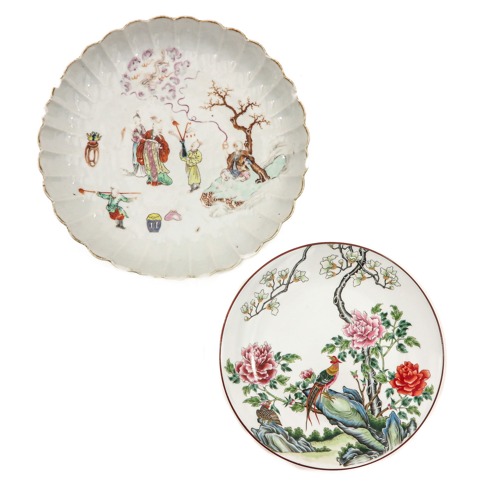 A Lot of 2 Famille Rose Plates: Including a plate decorated with flowers and bird in addition to a plate depicting Chinese figures in a garden, largest plate is 29 cm. in diameter, chip.