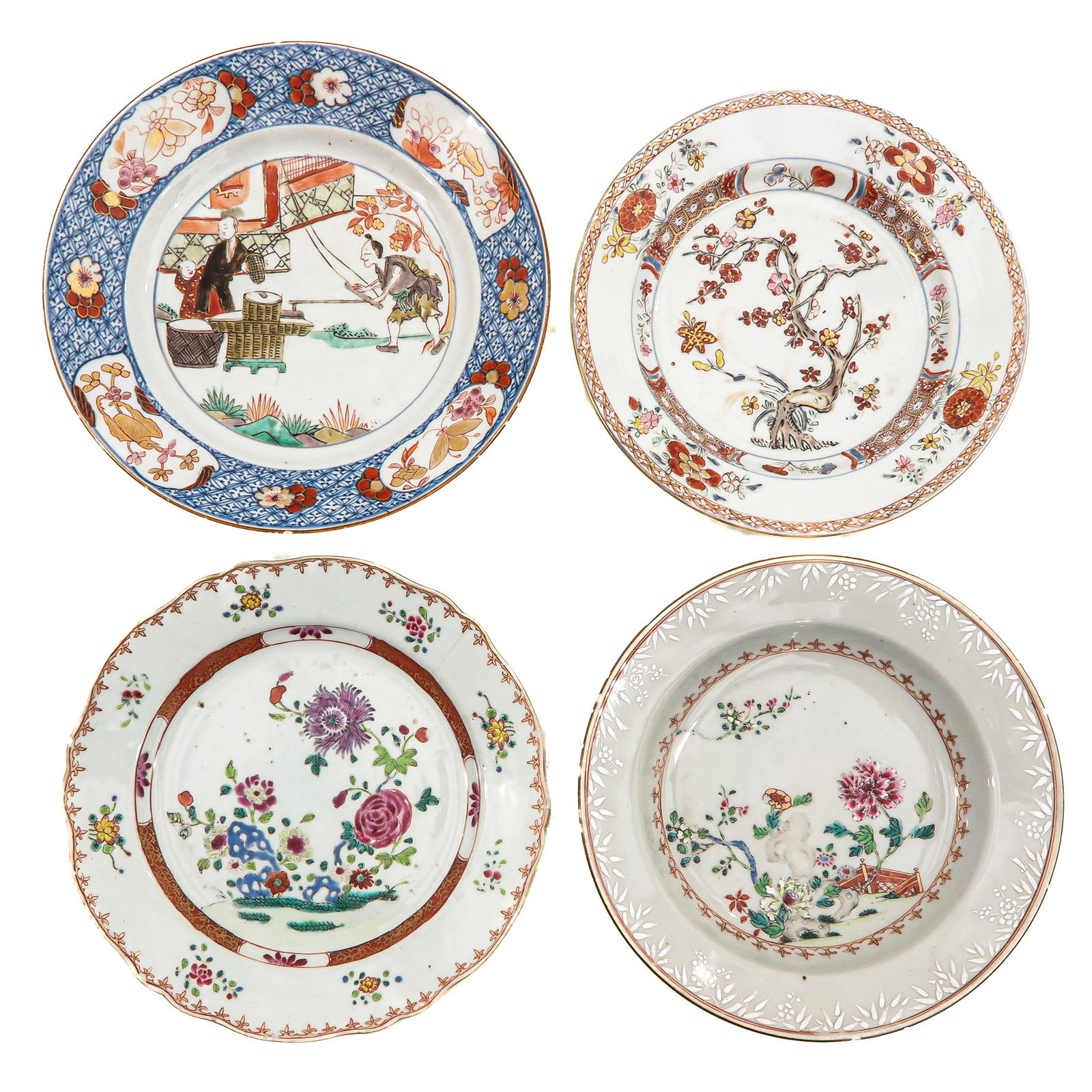 A Collection of 4 Plates: In a variety of decors, 18th Century, 24 cm. in diameter, chip and hairline.