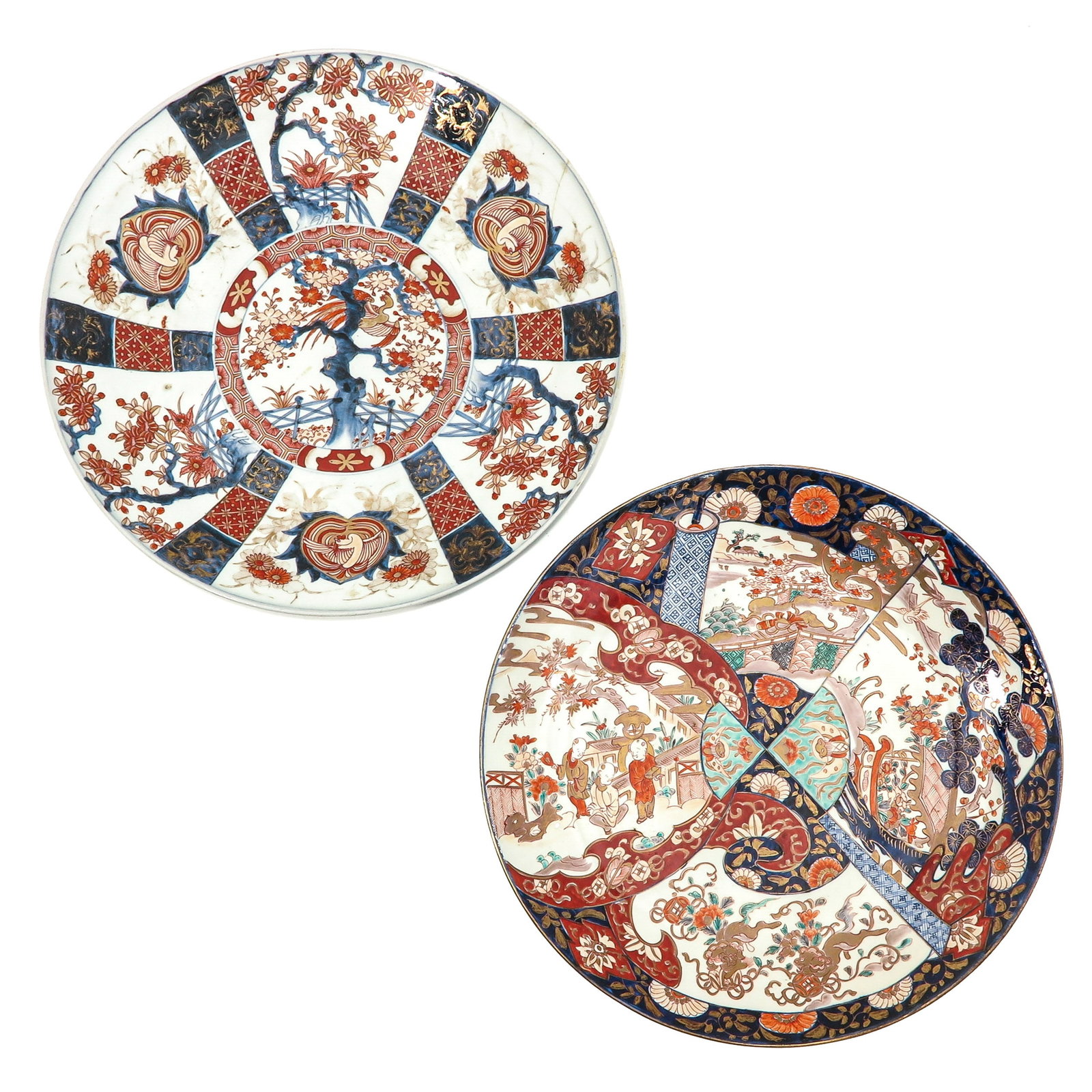 A Lot of 2 Imari Chargers: Deccorated with figures, landscapes, flowers, and phoenix, 47 cm. in diameter, on has restoration on rim.