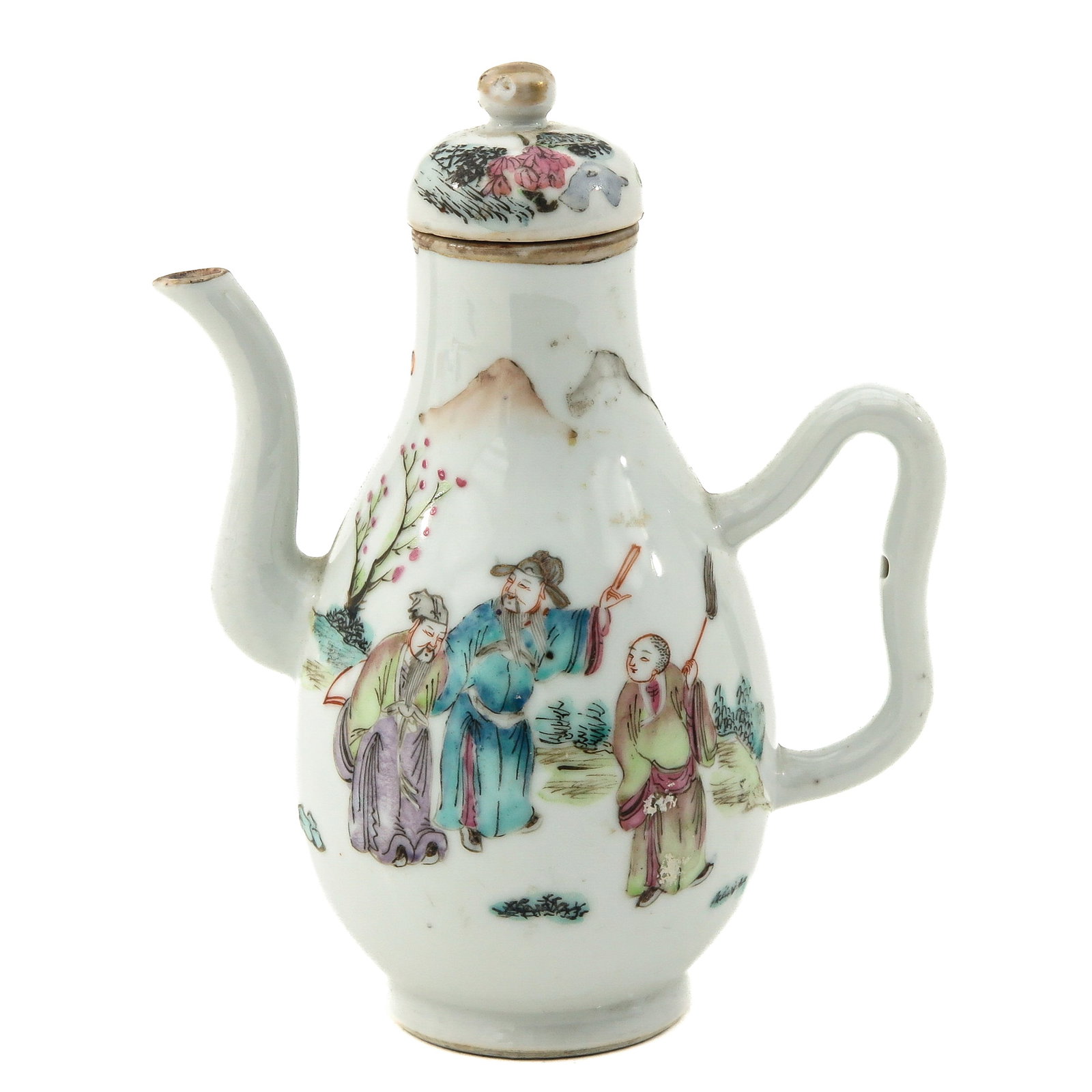 A Famille Rose Teapot: Depicting gathering of Chinese figures in a garden, 19th Century, 16 cm. tall, fritting on cover.