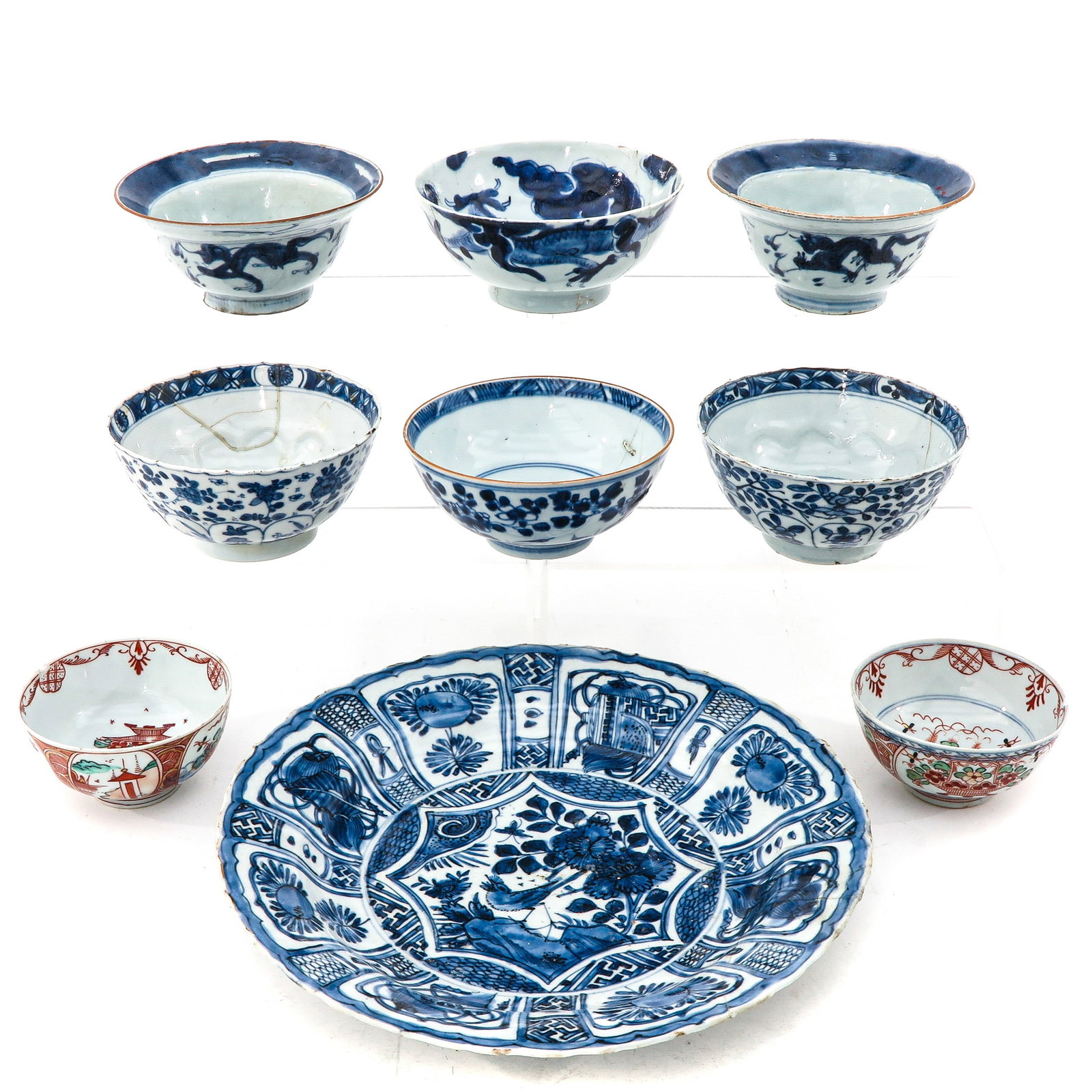 A Collection of Porcelain: 9 pieces, in a variety of decors, including Wanli Period, in diverse conditions