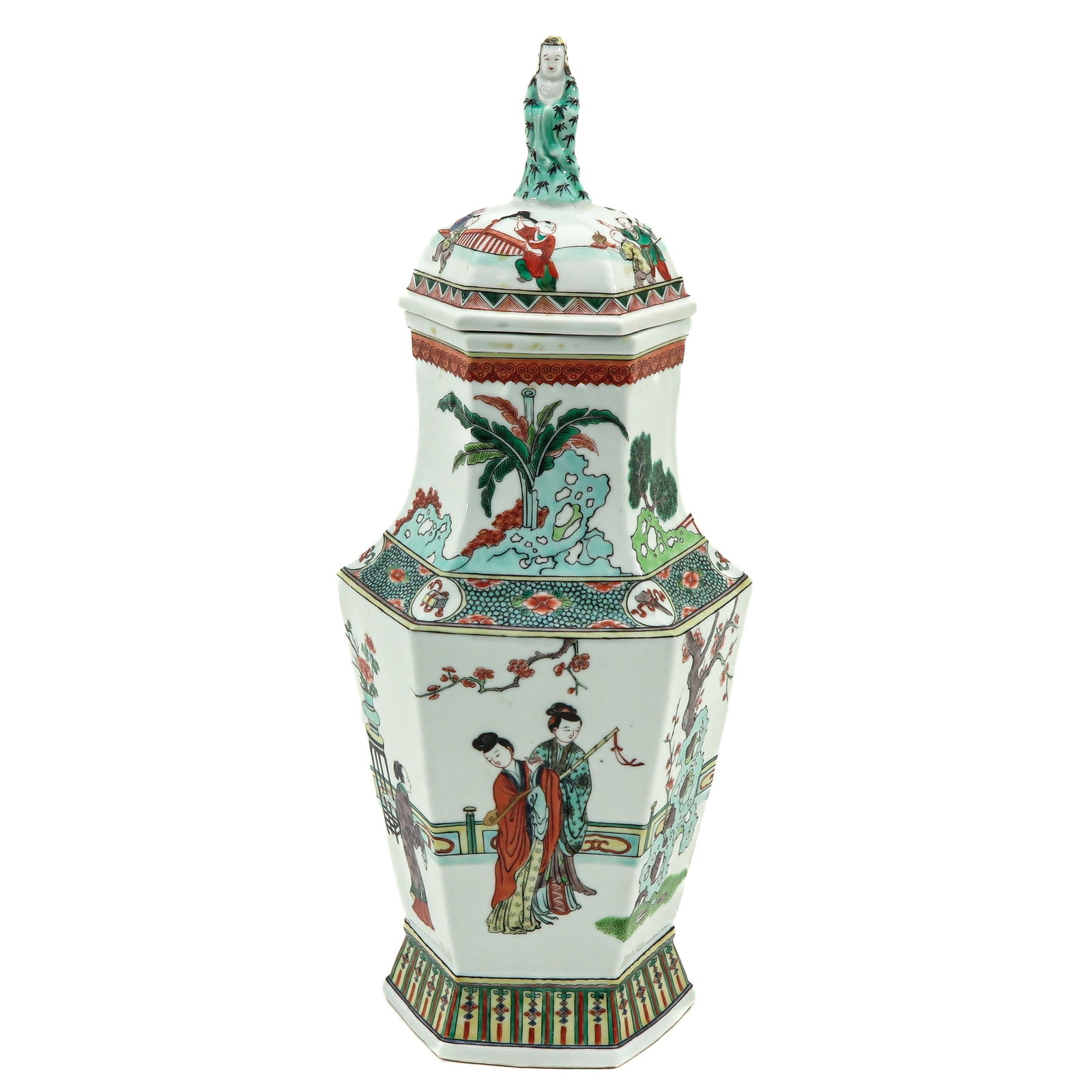 A Famille Verte Vase with Cover: Six sides decorated with Chinese figures in garden with rocks, flower blossoms, and birds, Kangxi mark, 19th Century, 62 cm. tall.