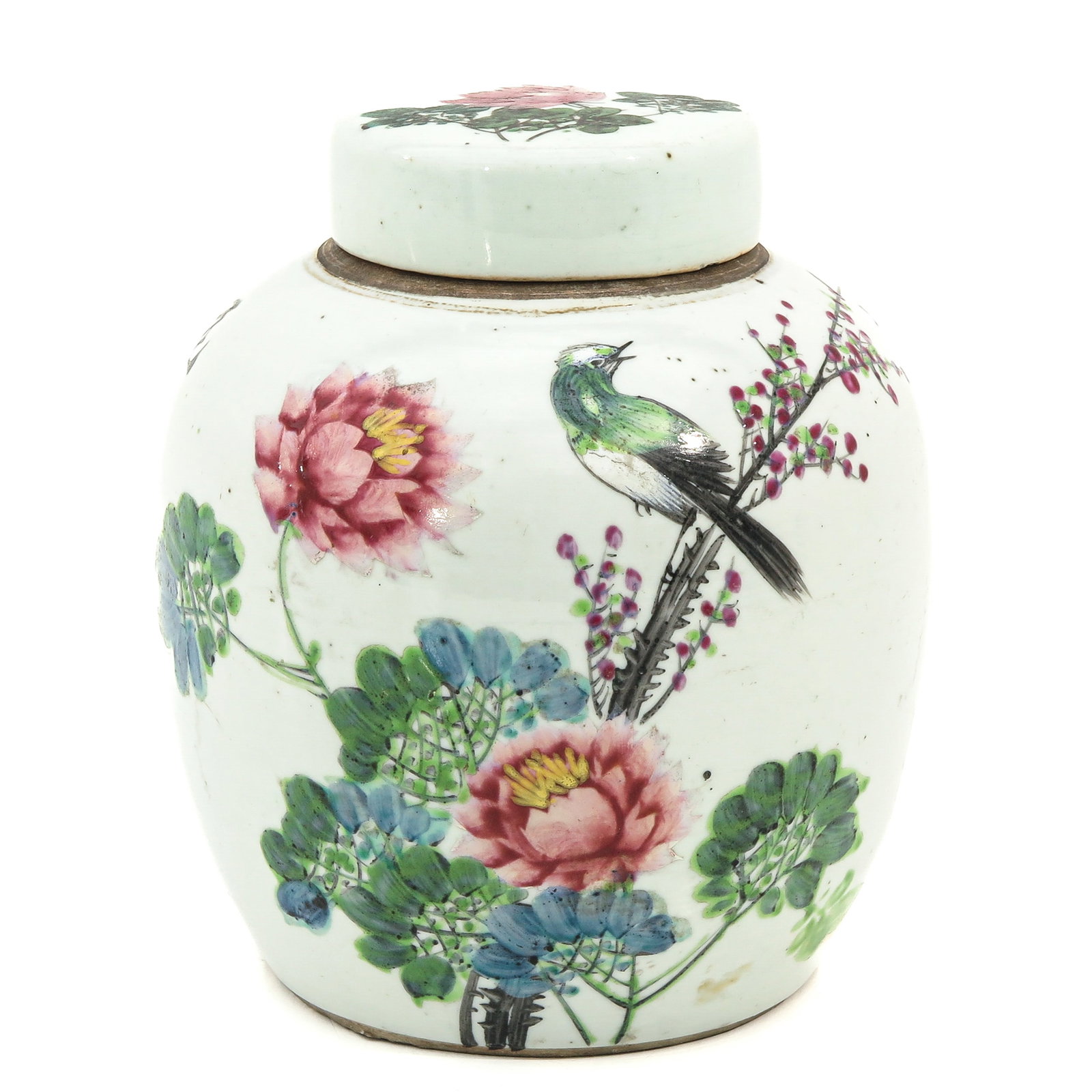A Qinjiang Cai Ginger Jar: Decorated with flowers, birds and Chinese text, 21 cm. tall, hairline in cover.