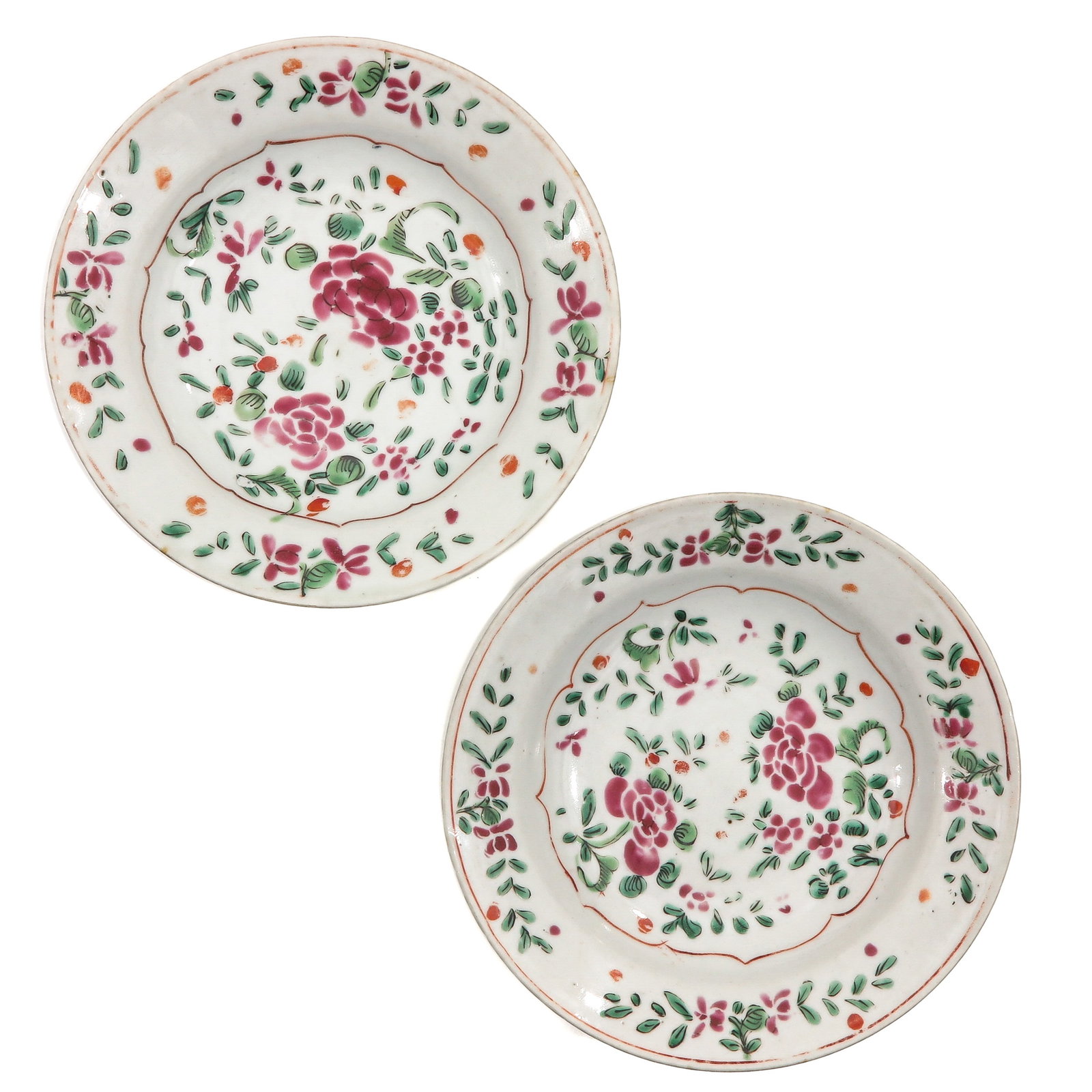 A Pair of Famille Rose Bowls: Floral decor, 24 cm. in diameter.