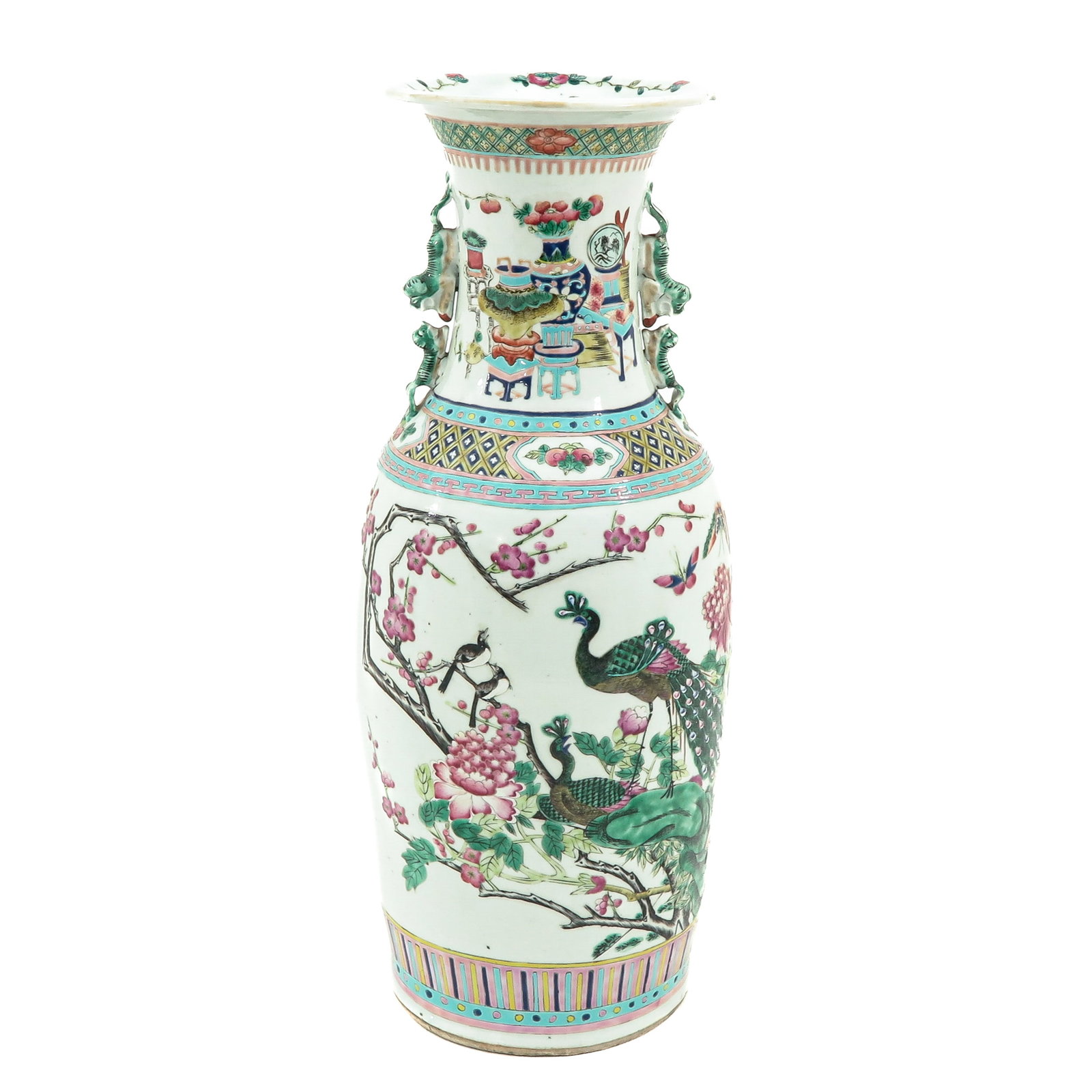 A Cantonese Vase: Depicting Chinese antiquities with peonies and peacocks, 19th Century, 59 cm. tall.