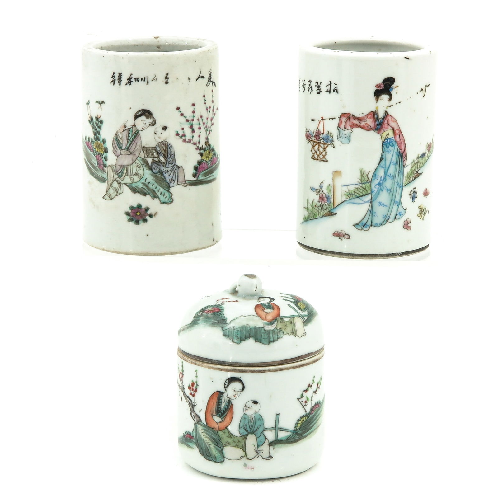 A Collection of Qinjiang Cai Porcelain: Including a cup warmer and 2 pencil pots, 19th Century, pencil pots are 11 cm., chip.