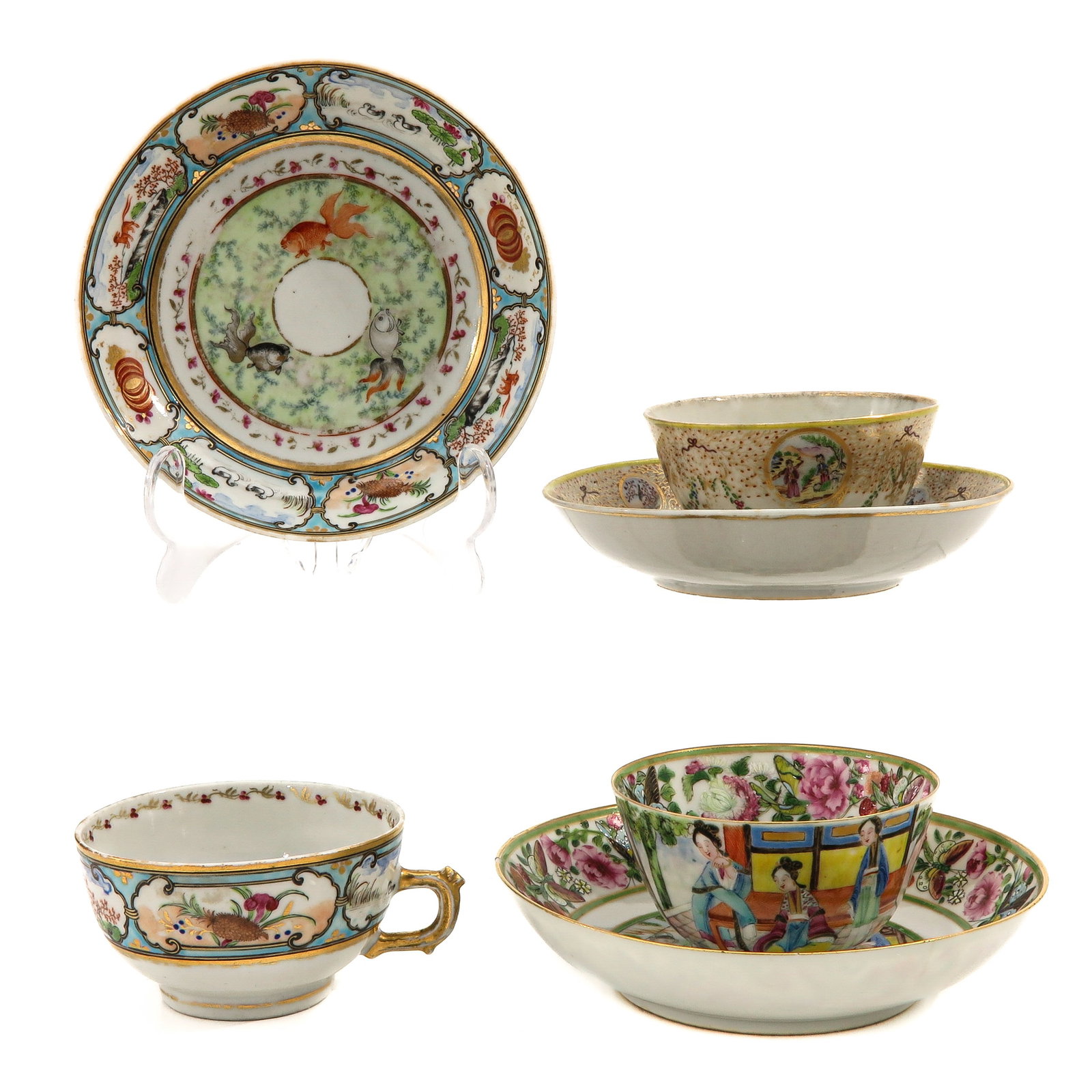 A Collection of 3 Cups and Saucers: In a variety of decors, including 18th Century, largest saucer is 15 cm. in diameter, in diverse conditions.
