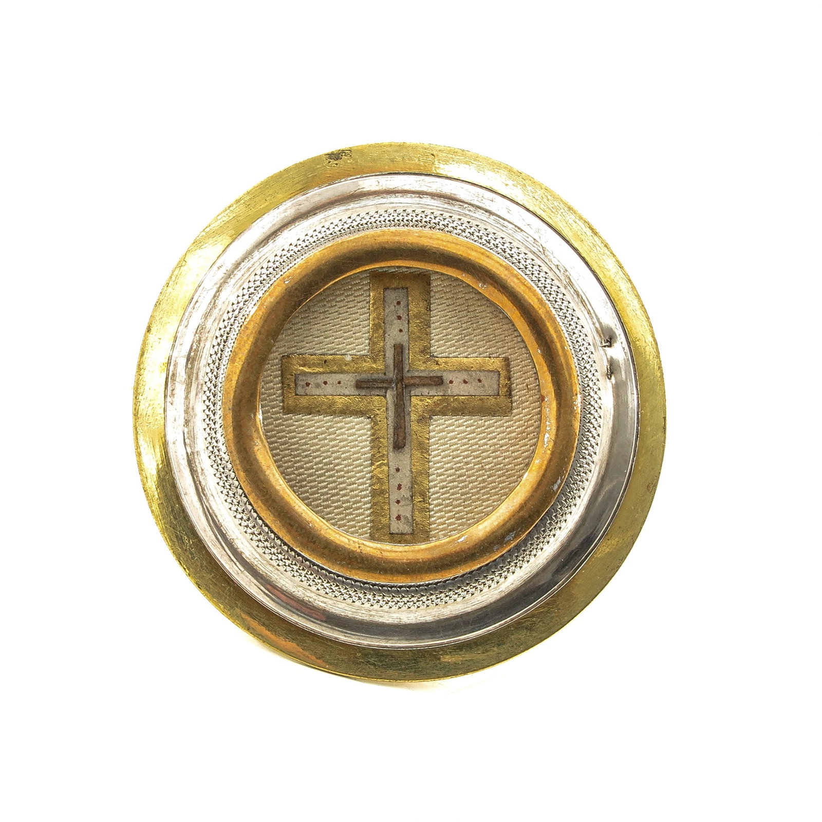 A Silver Kiss Relic: silver, containing relic of the Holy Cross, diameter 6 cm.