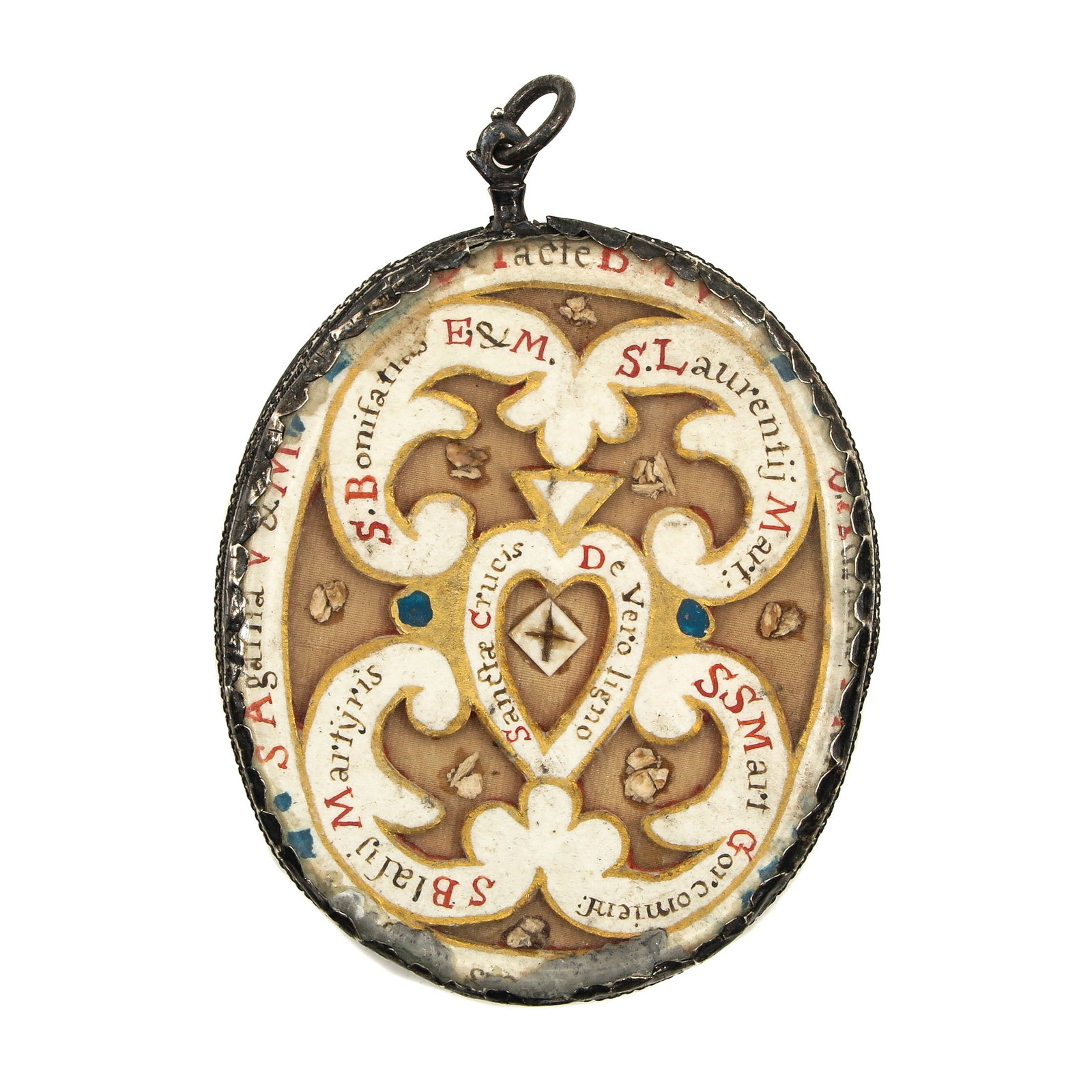A Double Sided Reliquary: double-sided, with image of Christ with child and 9 relics, including Saint Elisabeth, Saint Boniface, Saint Laurenti, Saint Agatha, and Sancta Crusis de Vero Ligno, length 8 cm.