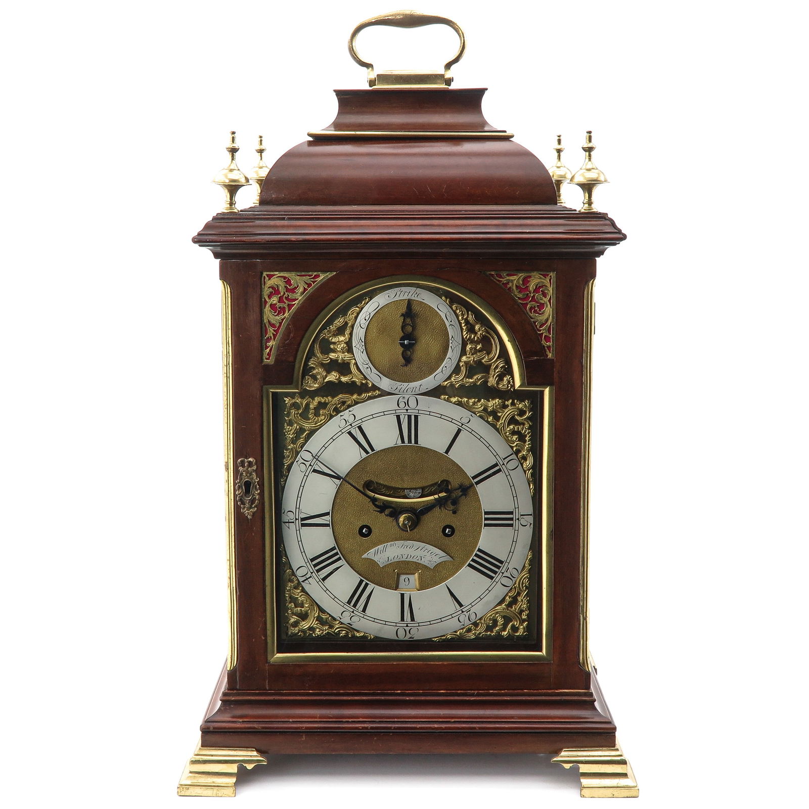 An English Table Clock: England, 18th century, with six bells, signed William Frederick Strigel, London, height 53 cm.
