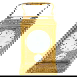 A Travel Clock: Geneva, ca. 1860, in a leather-covered travel case with a facetted glass front, the engraved gilded dial frames a white enamelled clock face with Roman numerals and blued steel hands, movement with ke