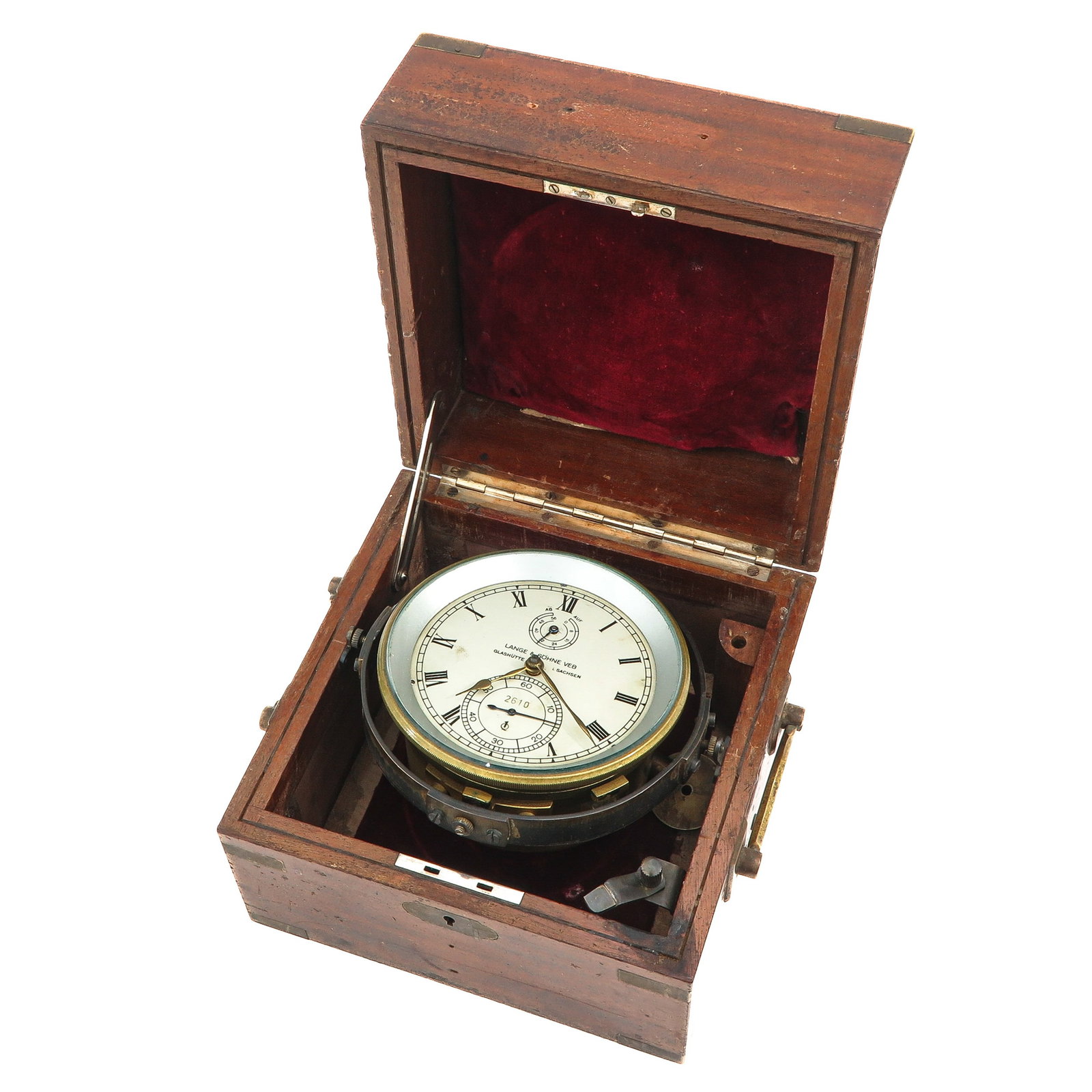 A Ships Chronometer: Lange & Söhne, number 2610, in mahogany box, dimensions 19 x 14 x 19 cm.