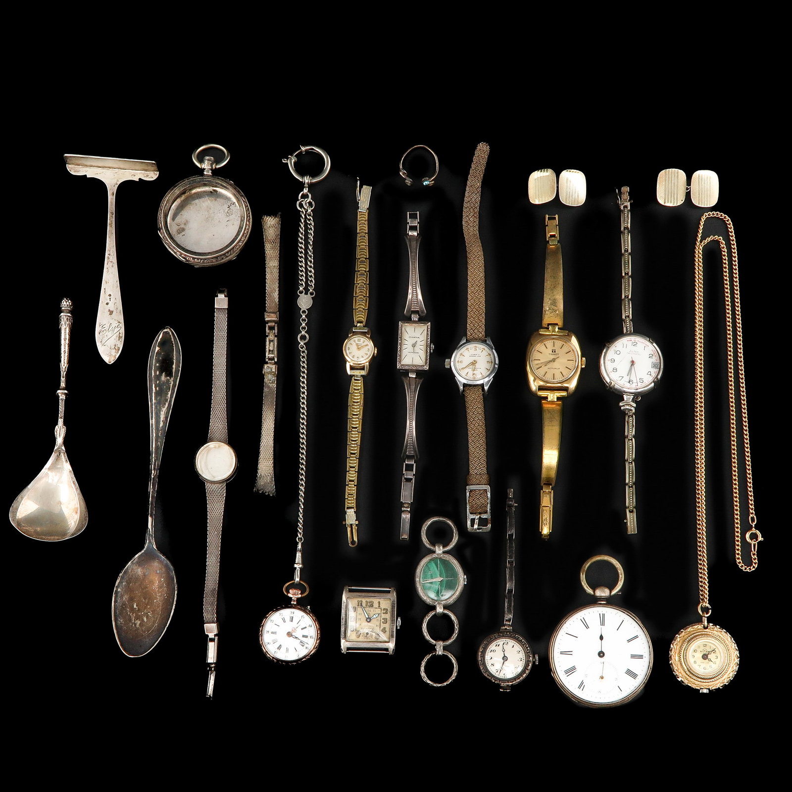 A Diverse Group of Items: silver and various items, including pocket watches