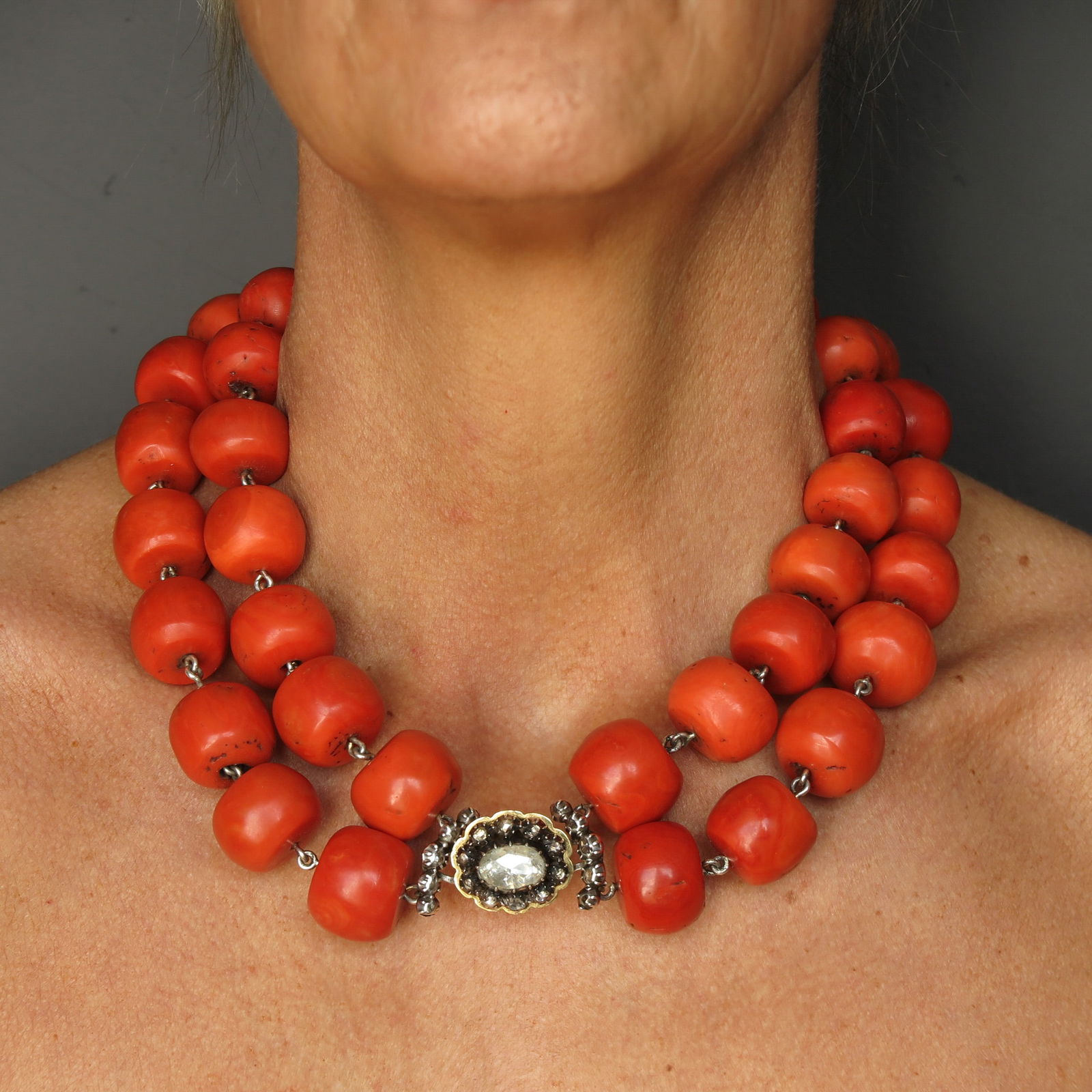 A Double Strand Red Coral Necklace with large Diamond Clasp (1 of 10)