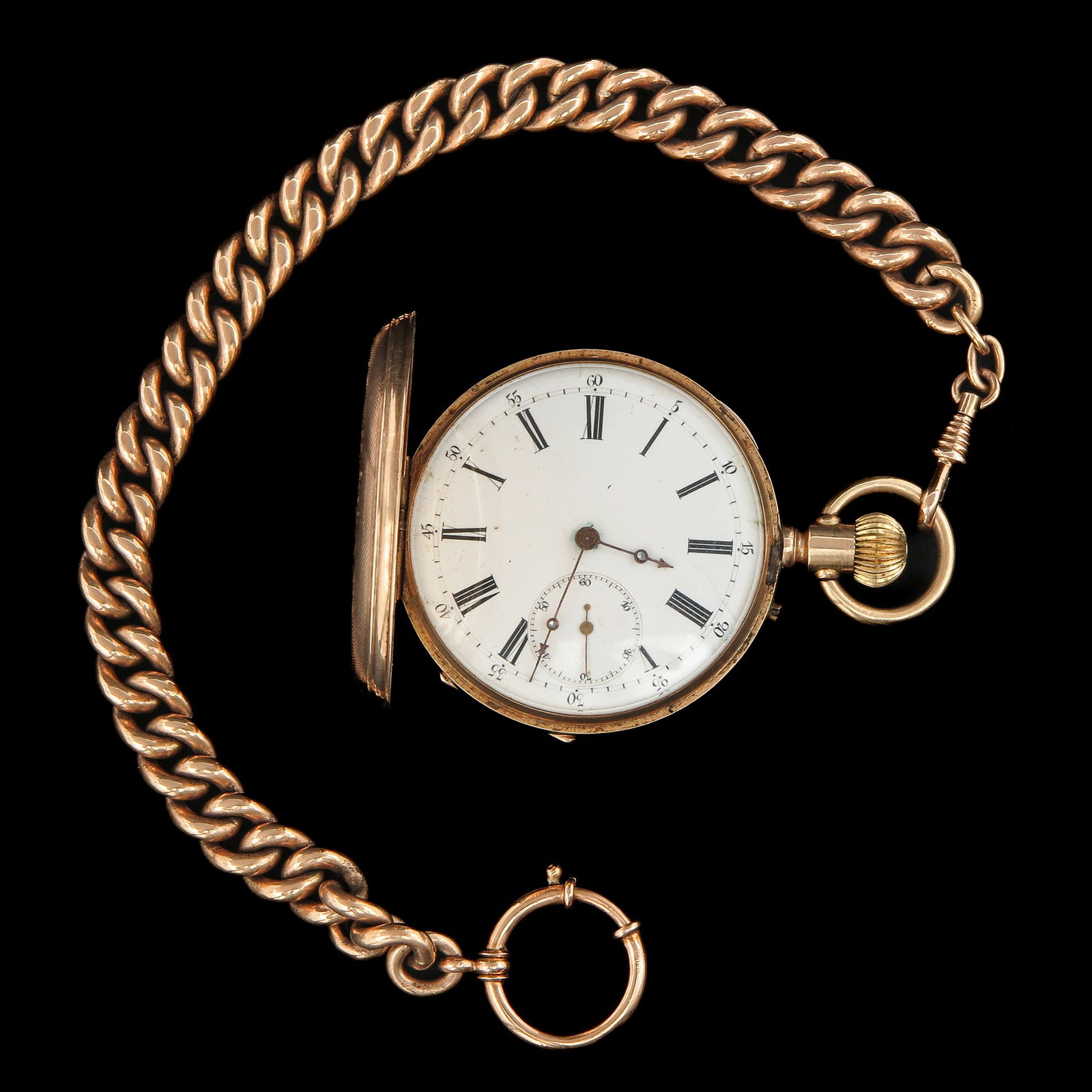 A Pocket Watch and Chain: 14KG, with engraving of farm and cows, diameter 45 mm. and 14 ct. gold chain