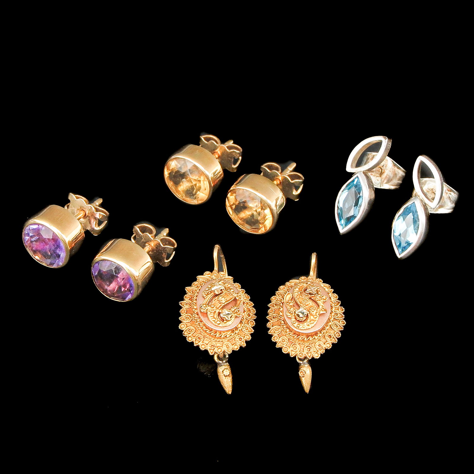 A Group of Four Pair of Earrings: consisting of four pairs of earrings with various gemstones, including 14KG