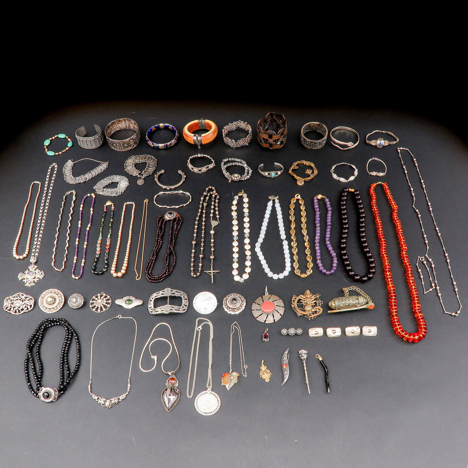 A Group of Costume Jewerly: some silver, including bracelets, necklaces and brooches