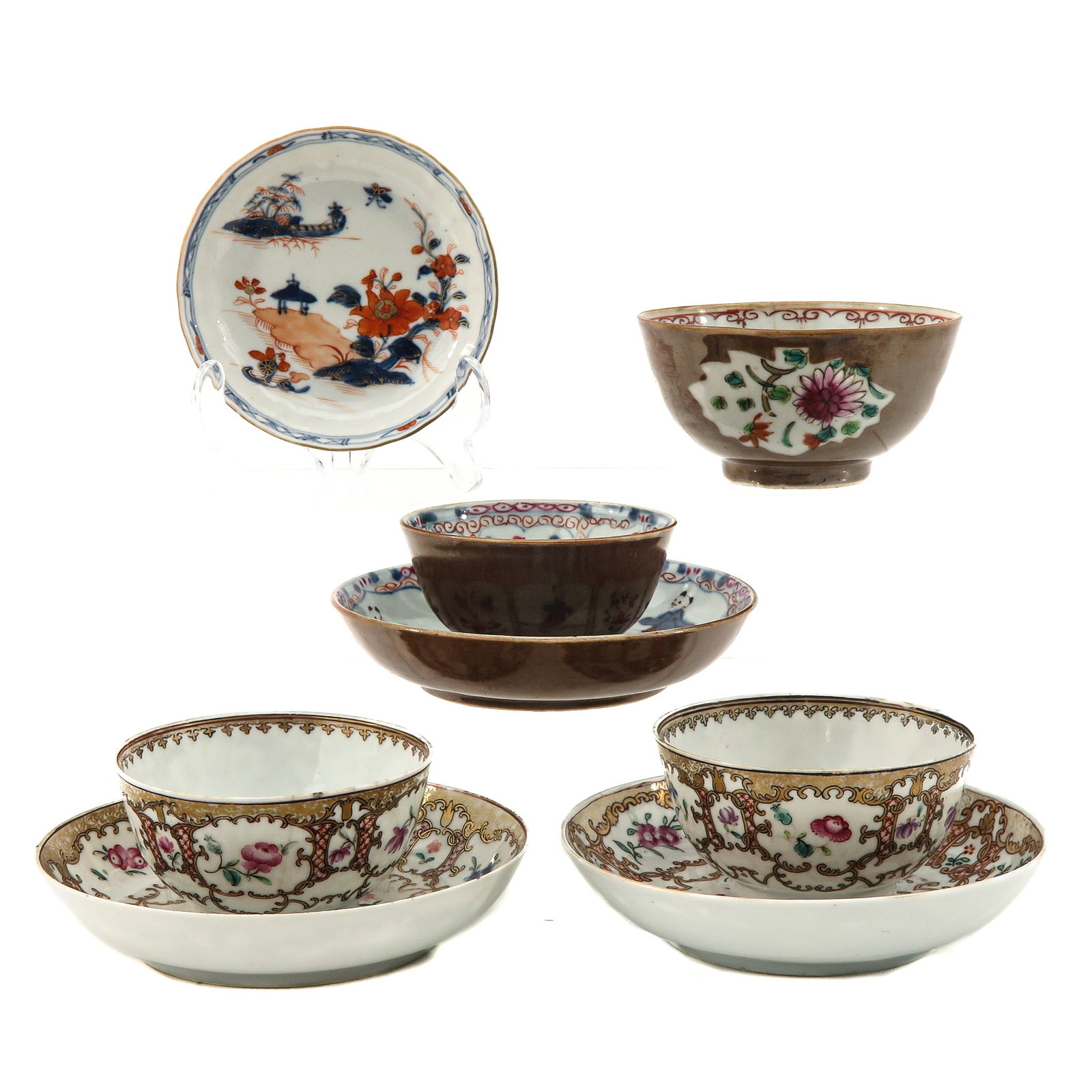 A Collection of Cups and Saucers: Including 4 cups and 4 saucers, in a variety of decors, including 18th Century, largest saucer is 13 cm., chip and hairline.