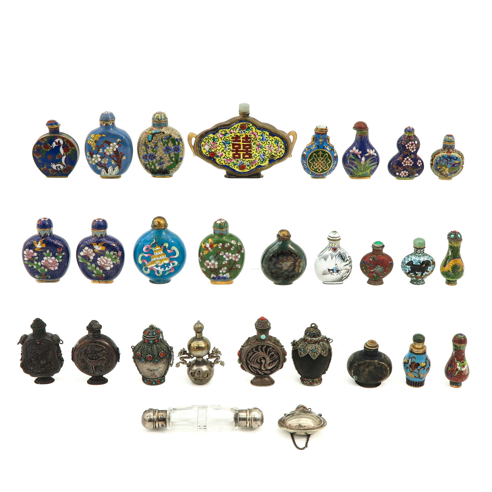 A Large Collection of Snuff Bottles: Including cloisonne, enamel and silver, tallest bottle is 12 cm.
