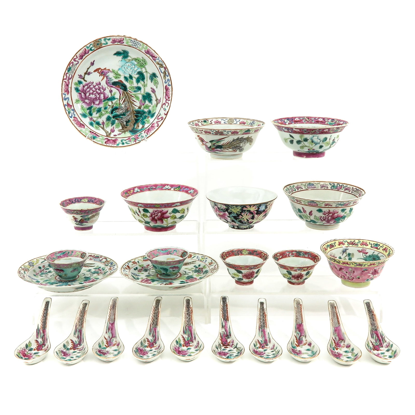 A Collection of Famille Porcelain: 24 Pieces, including small bowls, cups, and spoons in Famille Rose enamels, largest bowl is 13 cm. in diameter, chip and hairline.